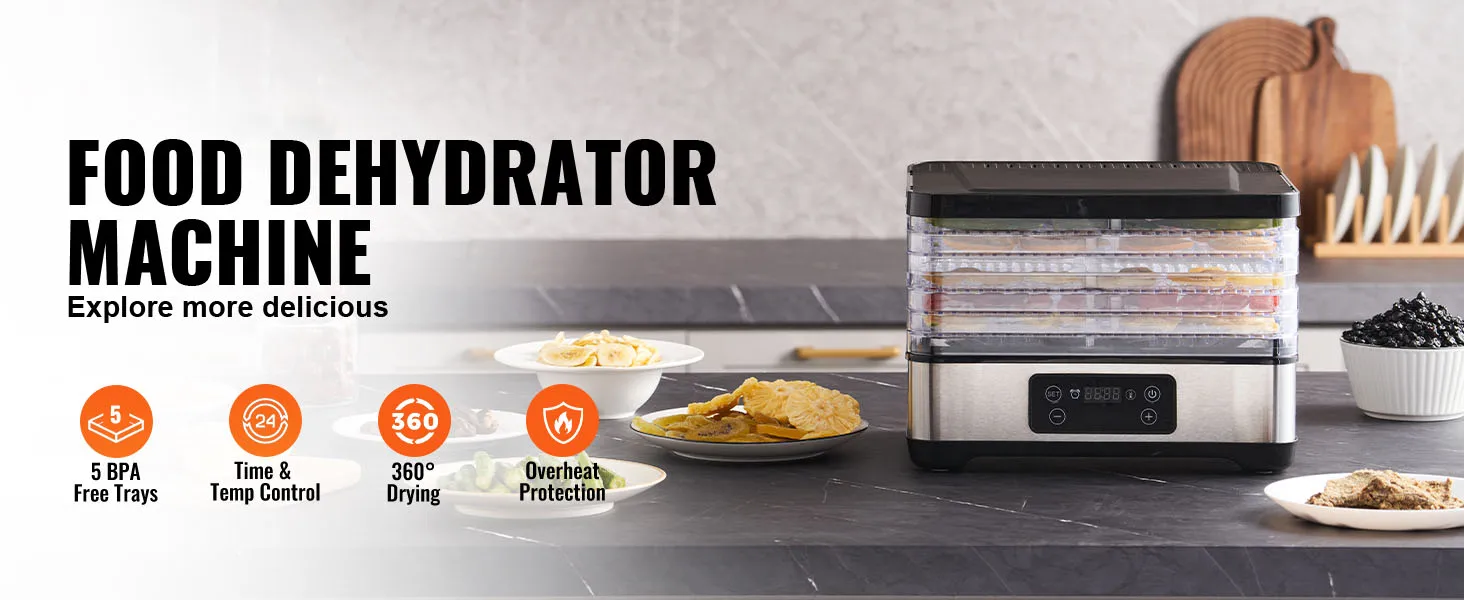 SucceBuy-m&aacute;quina deshidratadora de alimentos de 5 bandejas, secador de alimentos el&eacute;ctrico de acero inoxidable de 300W con temporizador y temperatura ajustables digitales