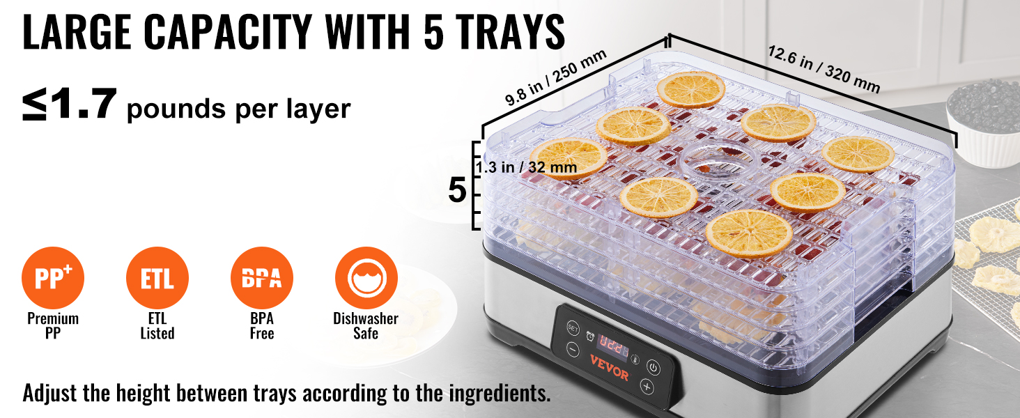 SucceBuy-m&aacute;quina deshidratadora de alimentos de 5 bandejas, secador de alimentos el&eacute;ctrico de acero inoxidable de 300W con temporizador y temperatura ajustables digitales