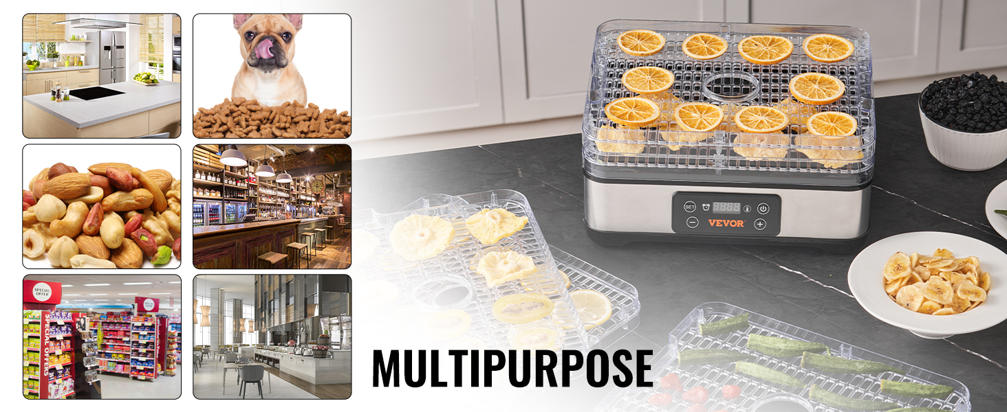 SucceBuy-m&aacute;quina deshidratadora de alimentos de 5 bandejas, secador de alimentos el&eacute;ctrico de acero inoxidable de 300W con temporizador y temperatura ajustables digitales