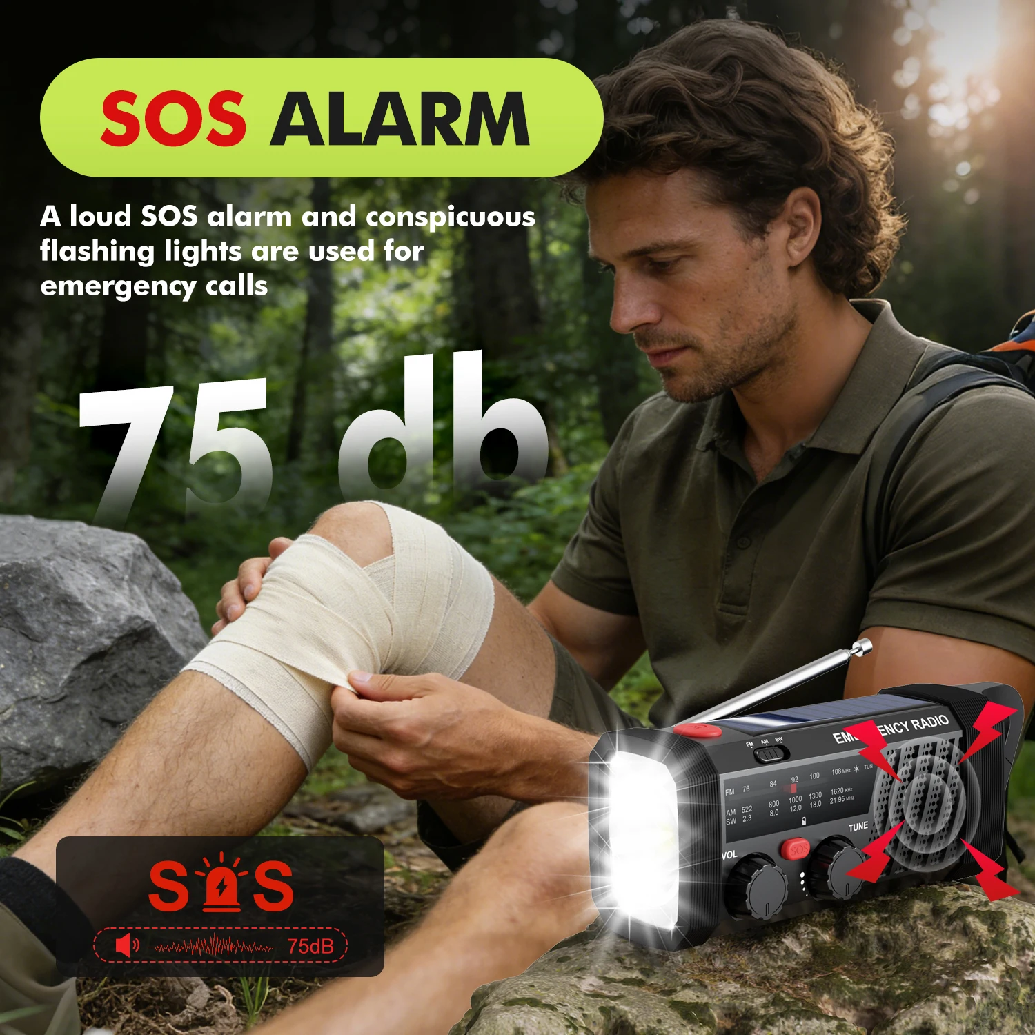 Radio de Emergencia con Alarma SOS, AM/FM/SW y Linterna. Bater&iacute;a de 2000 mAh y Carga Solar/Manual para Supervivencia al Aire Libre.