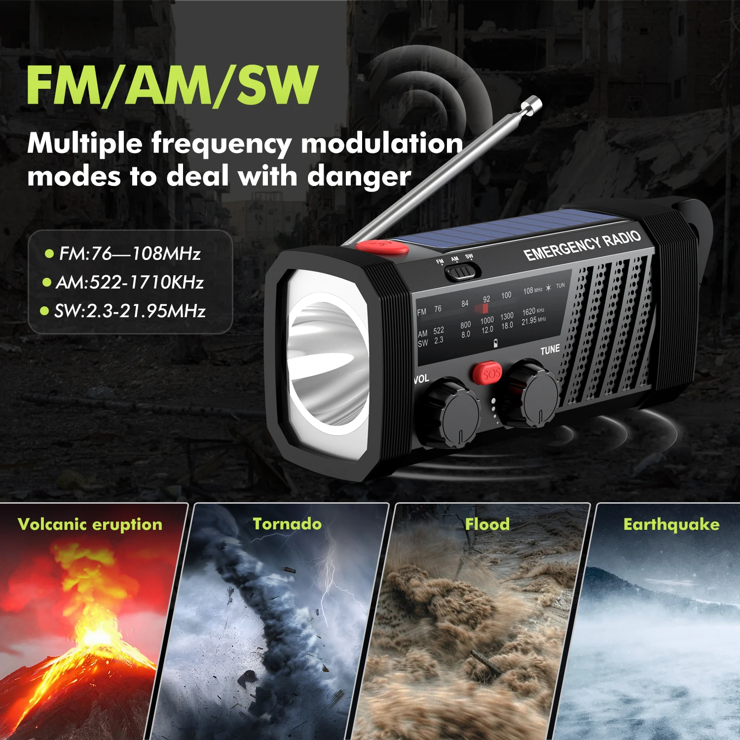 Radio de Emergencia con Alarma SOS, AM/FM/SW y Linterna. Bater&iacute;a de 2000 mAh y Carga Solar/Manual para Supervivencia al Aire Libre.