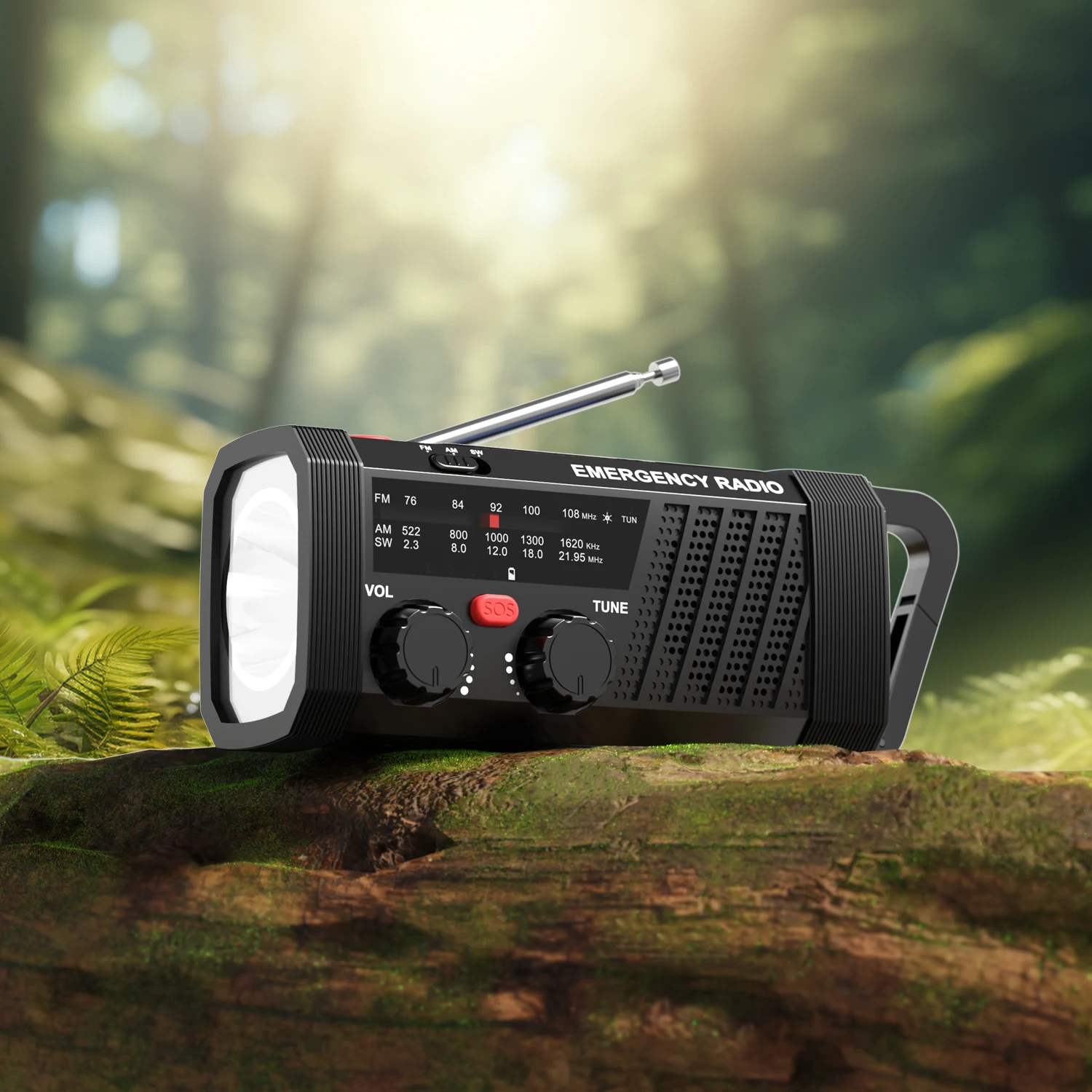 Radio de Emergencia con Alarma SOS, AM/FM/SW y Linterna. Bater&iacute;a de 2000 mAh y Carga Solar/Manual para Supervivencia al Aire Libre.