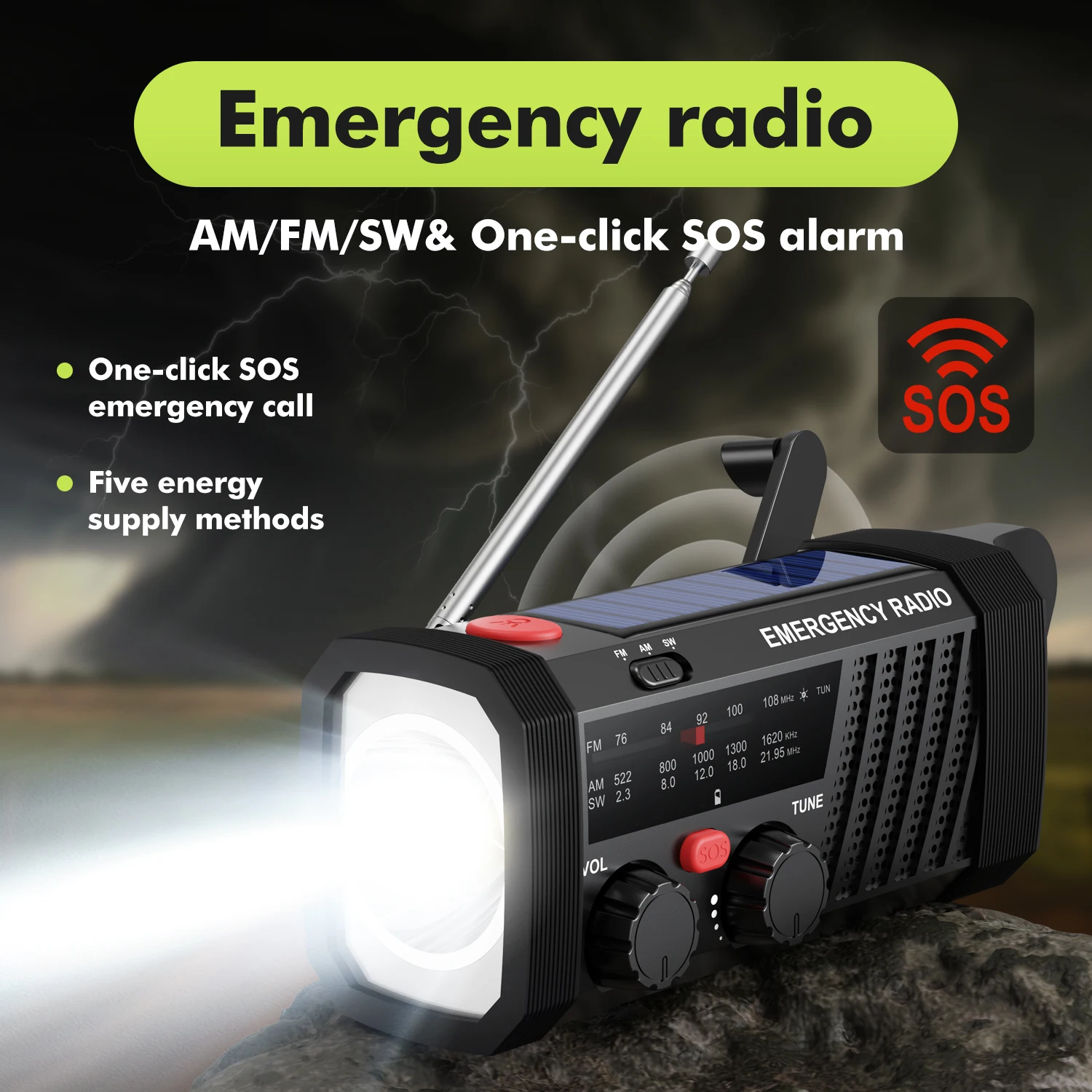 Radio de Emergencia con Alarma SOS, AM/FM/SW y Linterna. Bater&iacute;a de 2000 mAh y Carga Solar/Manual para Supervivencia al Aire Libre.