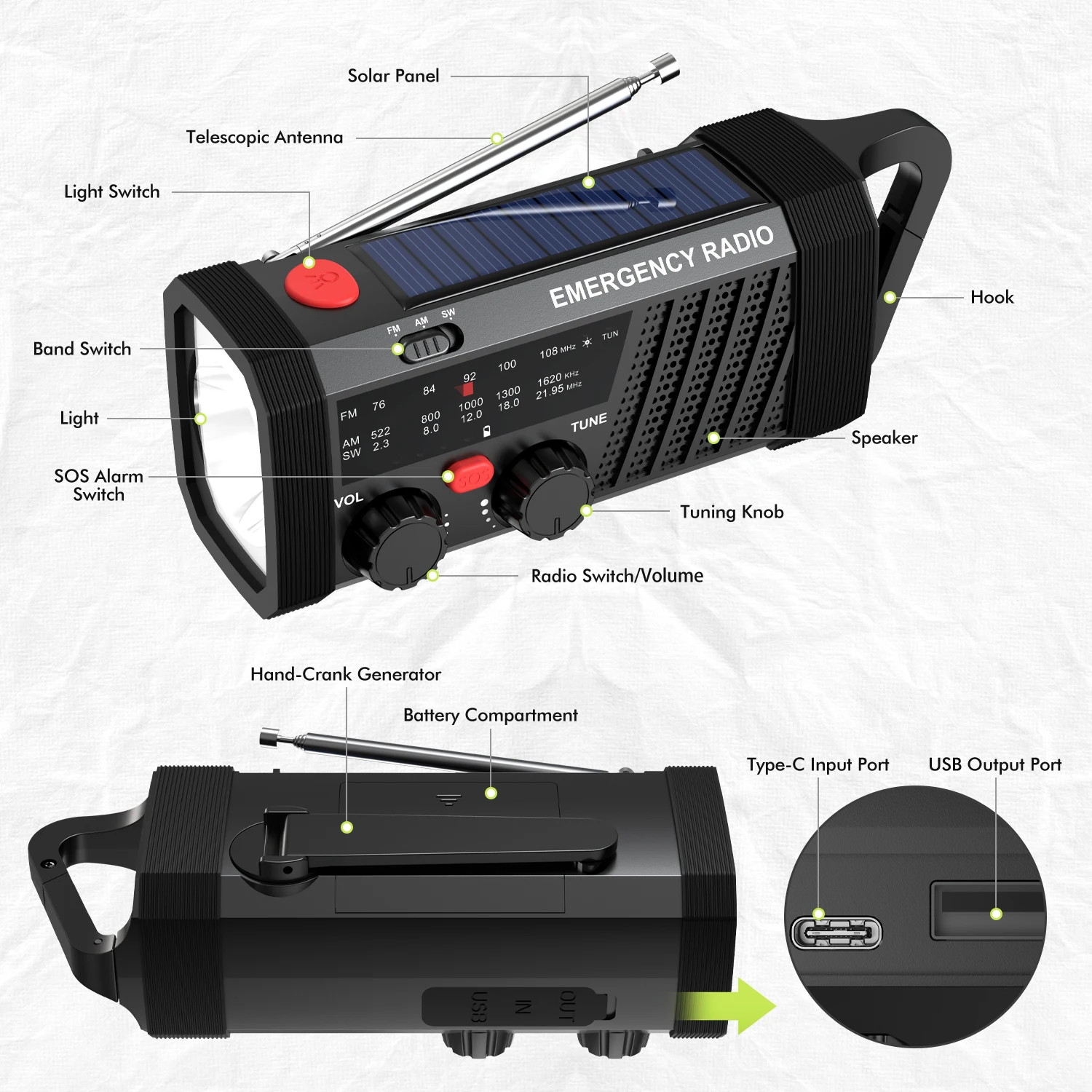 Radio de Emergencia con Alarma SOS, AM/FM/SW y Linterna. Bater&iacute;a de 2000 mAh y Carga Solar/Manual para Supervivencia al Aire Libre.