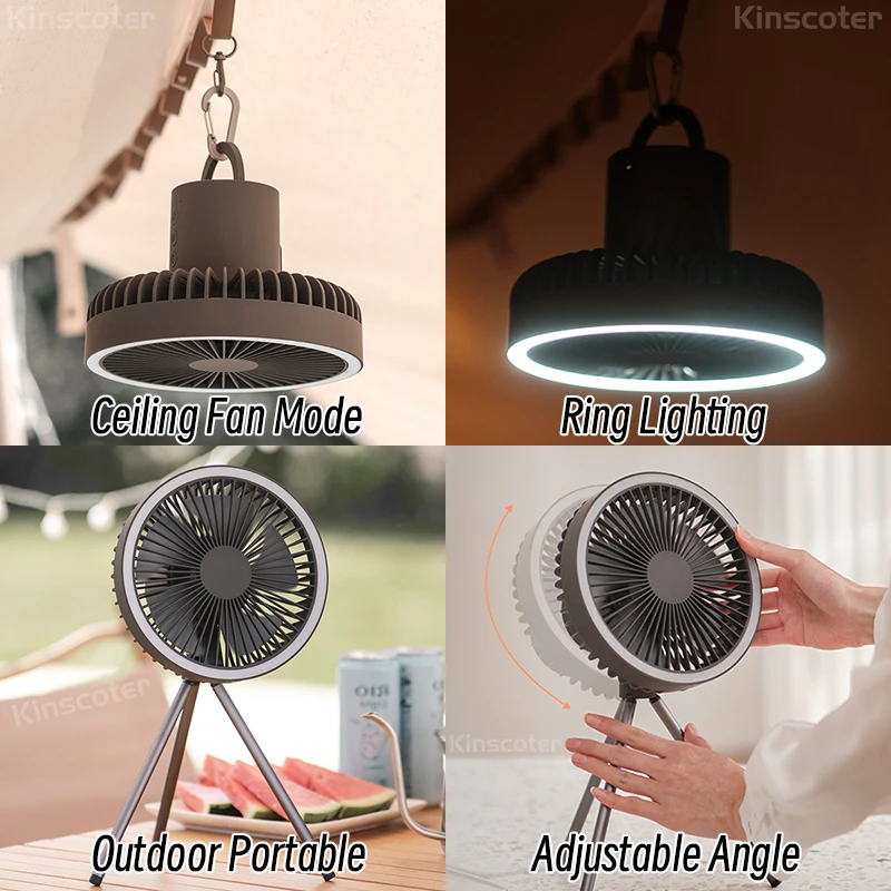 10000mAh Ventilador de Camping Recargable de Sobremesa Circulador Port&aacute;til Inal&aacute;mbrico Ventilador El&eacute;ctrico de Techo con Power Bank Iluminaci&oacute;n LED Tr&iacute;pode