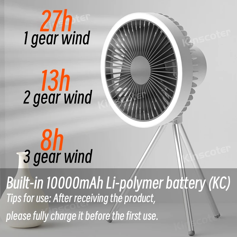 10000mAh Ventilador de Camping Recargable de Sobremesa Circulador Port&aacute;til Inal&aacute;mbrico Ventilador El&eacute;ctrico de Techo con Power Bank Iluminaci&oacute;n LED Tr&iacute;pode