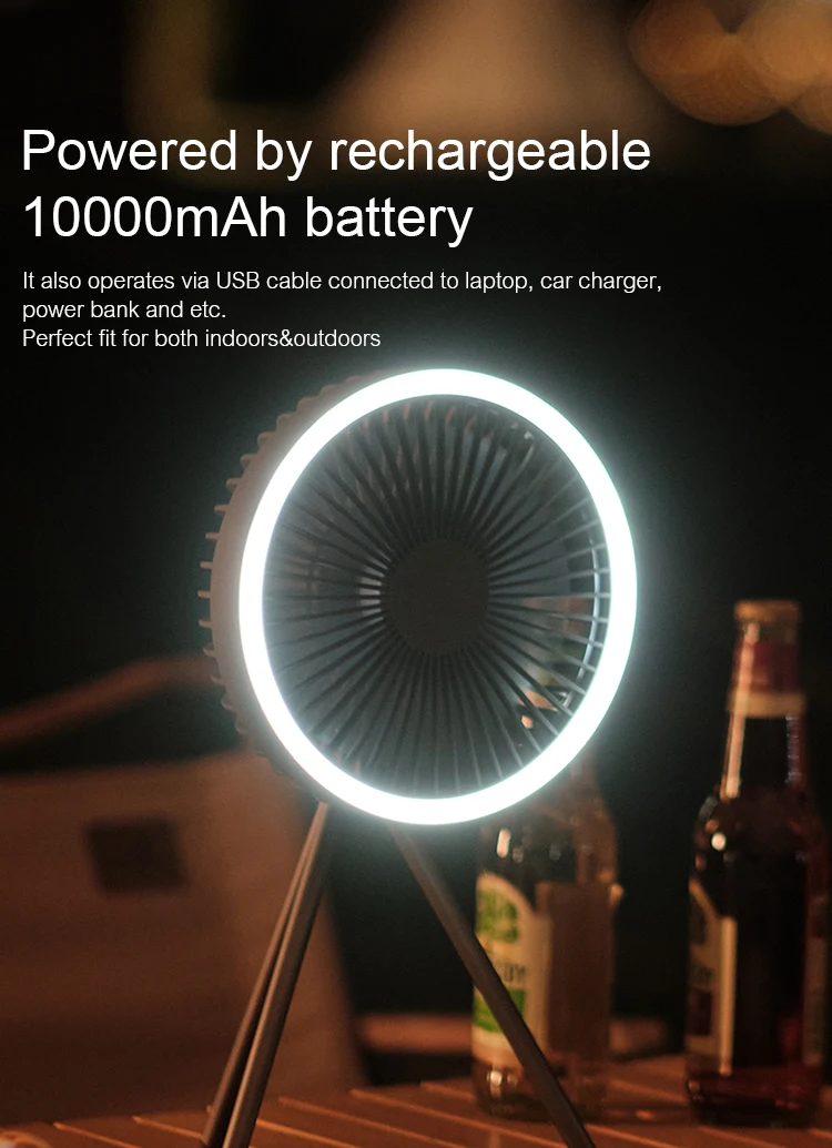 10000mAh Ventilador de Camping Recargable de Sobremesa Circulador Port&aacute;til Inal&aacute;mbrico Ventilador El&eacute;ctrico de Techo con Power Bank Iluminaci&oacute;n LED Tr&iacute;pode