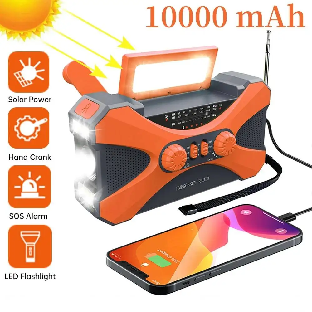 Linterna de emergencia con Panel Solar, Banco de energ&iacute;a, Radio recargable, manivela manual, 10000mAh, AM/FM/NOAA, Radios meteorol&oacute;gicos para el hogar y al aire libre