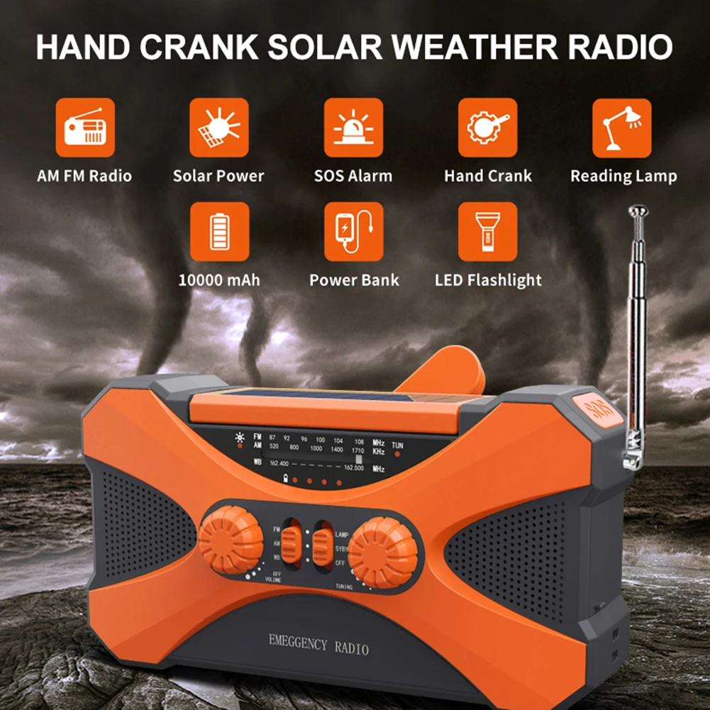 Linterna de emergencia con Panel Solar, Banco de energ&iacute;a, Radio recargable, manivela manual, 10000mAh, AM/FM/NOAA, Radios meteorol&oacute;gicos para el hogar y al aire libre