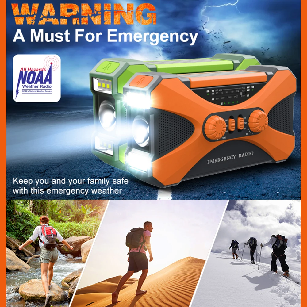 Linterna de emergencia con Panel Solar, Banco de energ&iacute;a, Radio recargable, manivela manual, 10000mAh, AM/FM/NOAA, Radios meteorol&oacute;gicos para el hogar y al aire libre