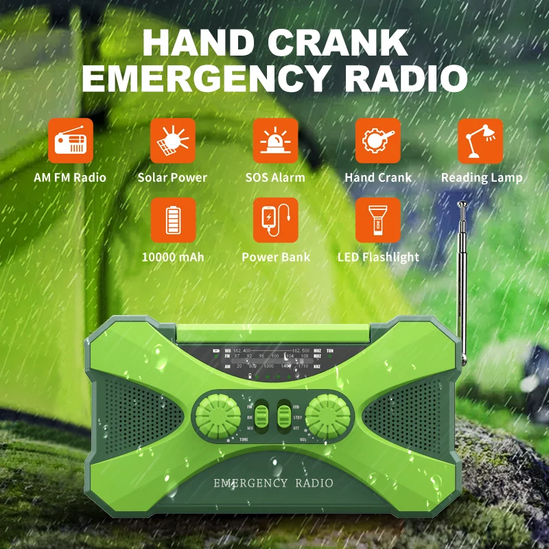 Linterna de emergencia con Panel Solar, Banco de energ&iacute;a, Radio recargable, manivela manual, 10000mAh, AM/FM/NOAA, Radios meteorol&oacute;gicos para el hogar y al aire libre