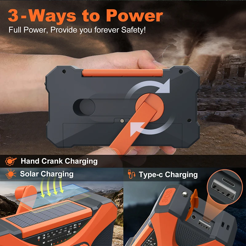 Linterna de emergencia con Panel Solar, Banco de energ&iacute;a, Radio recargable, manivela manual, 10000mAh, AM/FM/NOAA, Radios meteorol&oacute;gicos para el hogar y al aire libre