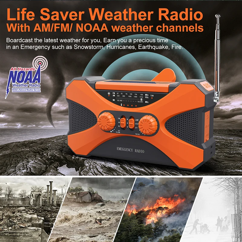 Linterna de emergencia con Panel Solar, Banco de energ&iacute;a, Radio recargable, manivela manual, 10000mAh, AM/FM/NOAA, Radios meteorol&oacute;gicos para el hogar y al aire libre