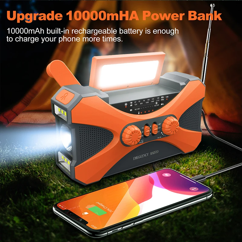 Linterna de emergencia con Panel Solar, Banco de energ&iacute;a, Radio recargable, manivela manual, 10000mAh, AM/FM/NOAA, Radios meteorol&oacute;gicos para el hogar y al aire libre