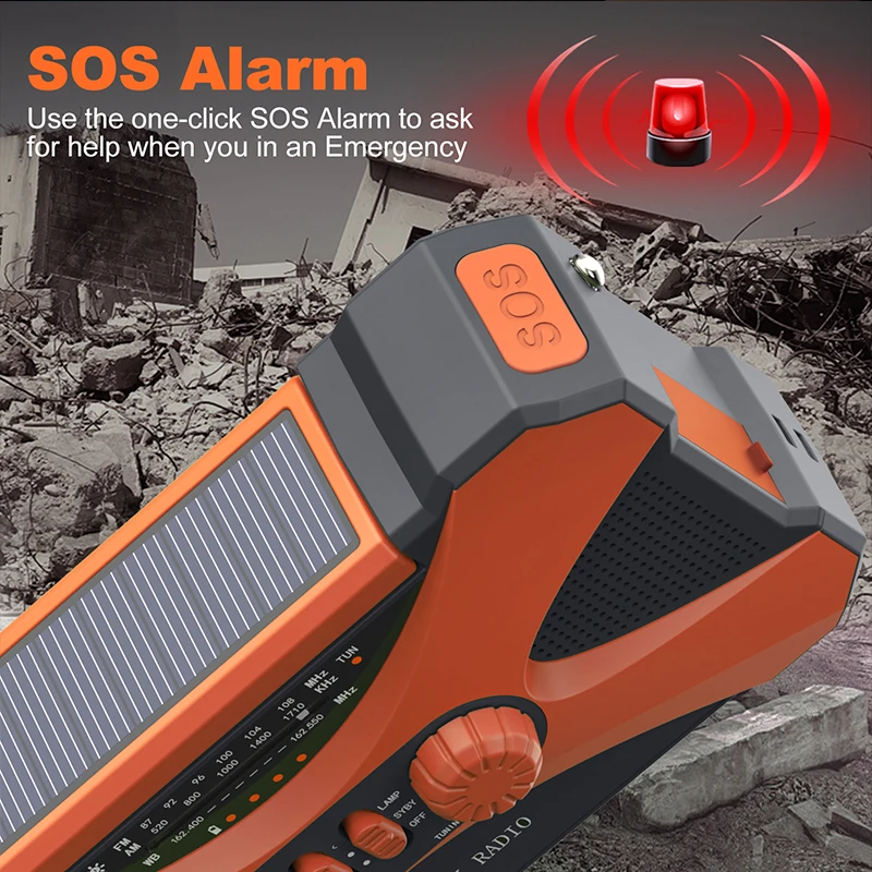 Linterna de emergencia con Panel Solar, Banco de energ&iacute;a, Radio recargable, manivela manual, 10000mAh, AM/FM/NOAA, Radios meteorol&oacute;gicos para el hogar y al aire libre