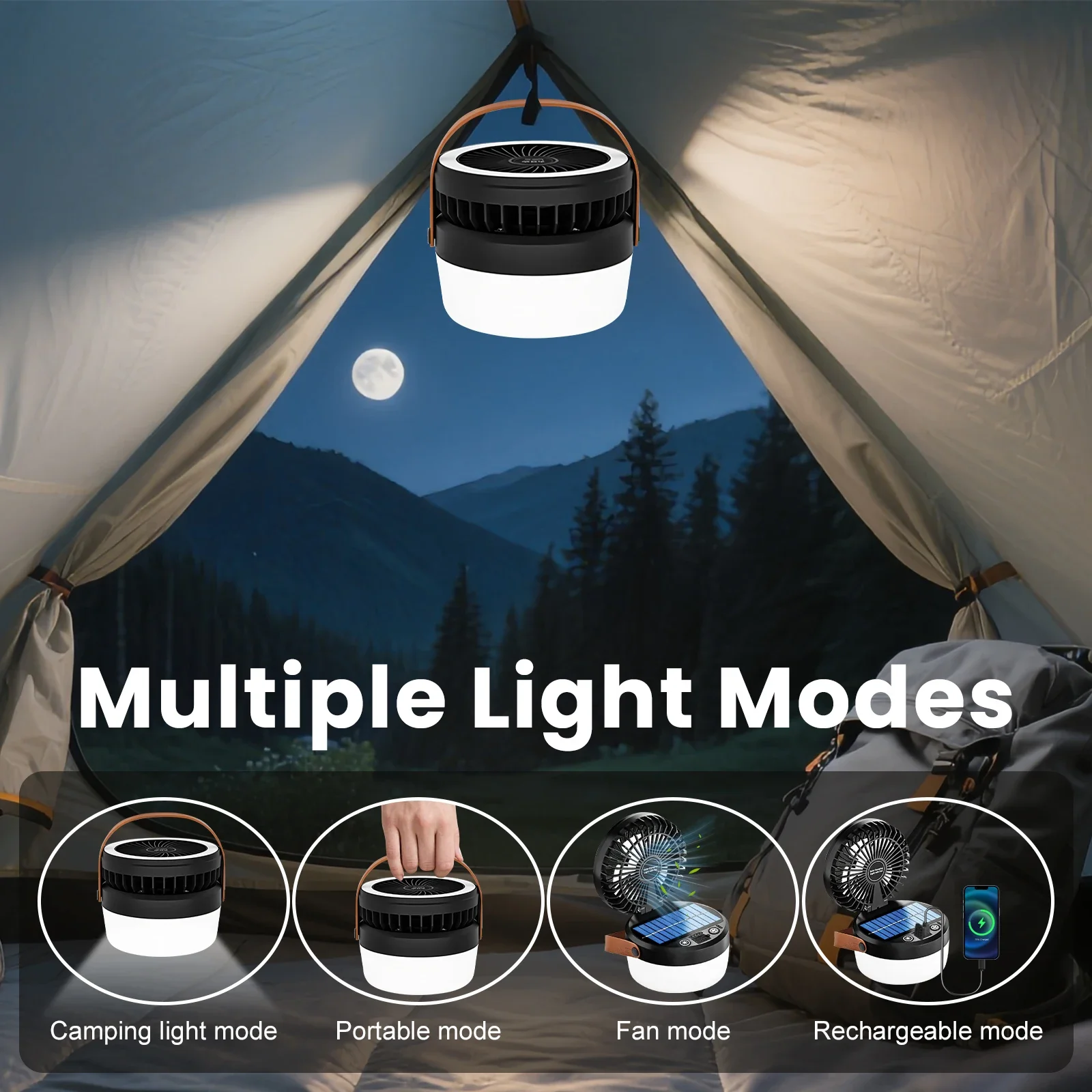 Linterna Solar de Exterior con Ventilador 2 en 1 para Emergencias, Fallos de Energ&iacute;a, Supervivencia, Viajes y Aventuras, con 4 Modos de Luz y Funci&oacute;n de Colgado