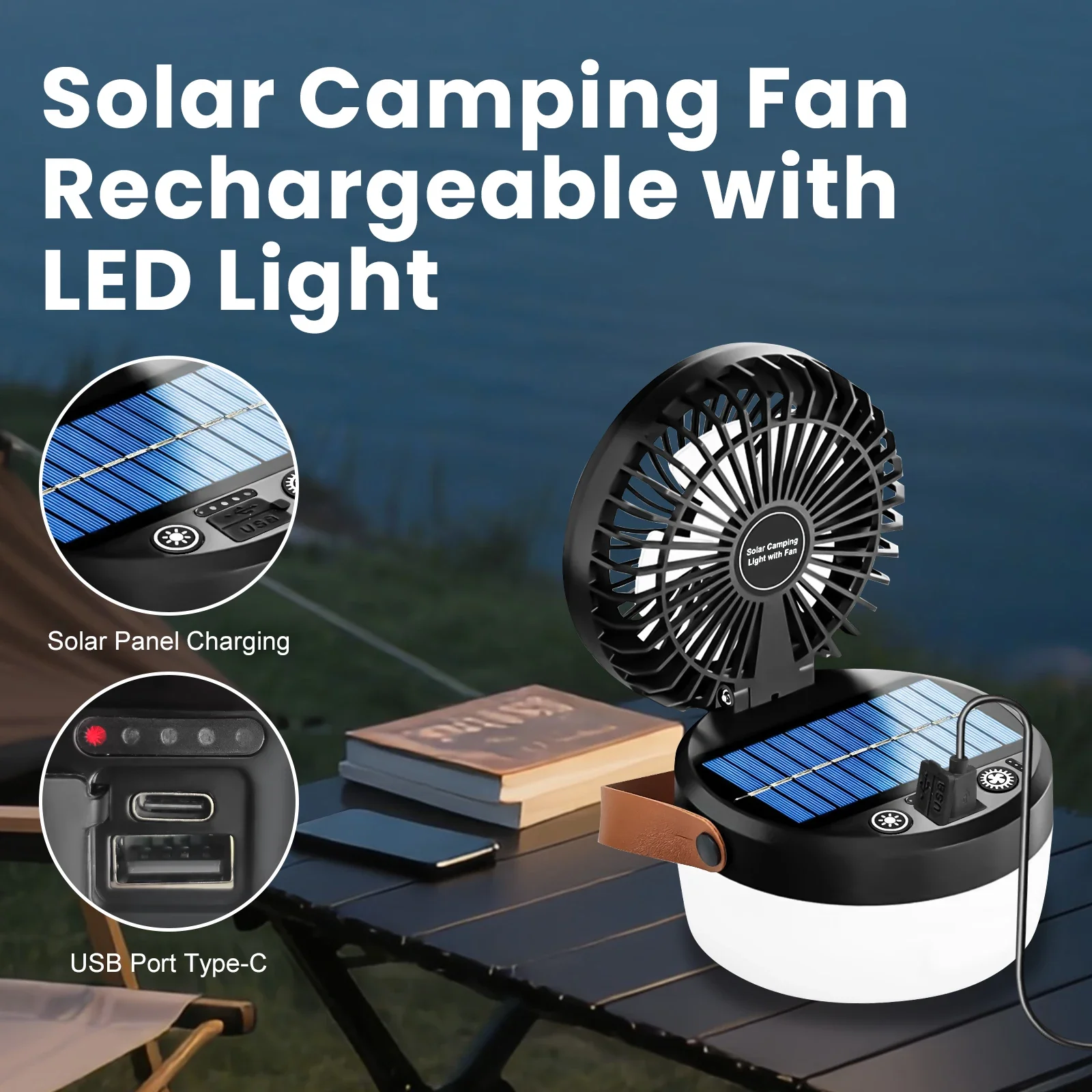 Linterna Solar de Exterior con Ventilador 2 en 1 para Emergencias, Fallos de Energ&iacute;a, Supervivencia, Viajes y Aventuras, con 4 Modos de Luz y Funci&oacute;n de Colgado