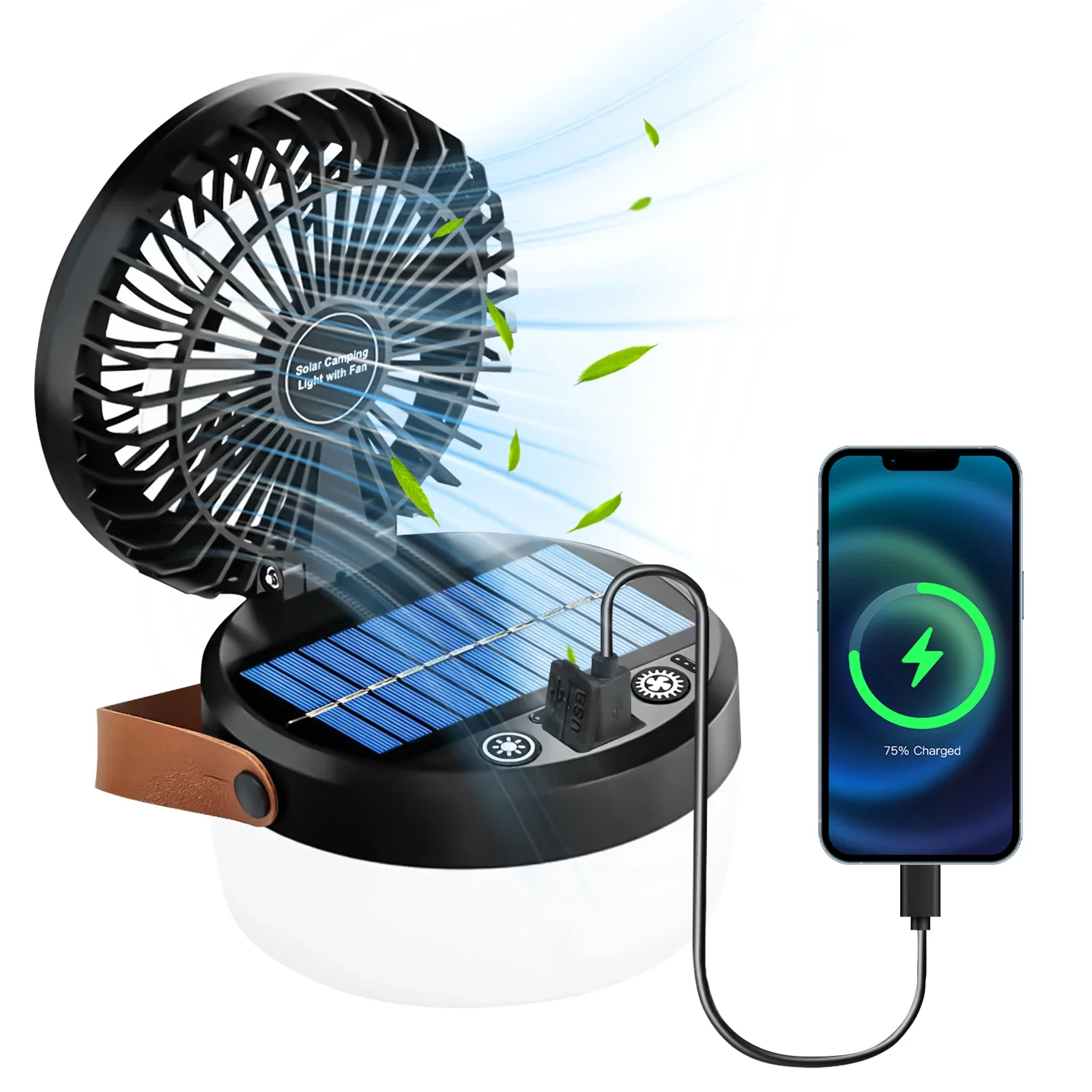 Linterna Solar de Exterior con Ventilador 2 en 1 para Emergencias, Fallos de Energ&iacute;a, Supervivencia, Viajes y Aventuras, con 4 Modos de Luz y Funci&oacute;n de Colgado