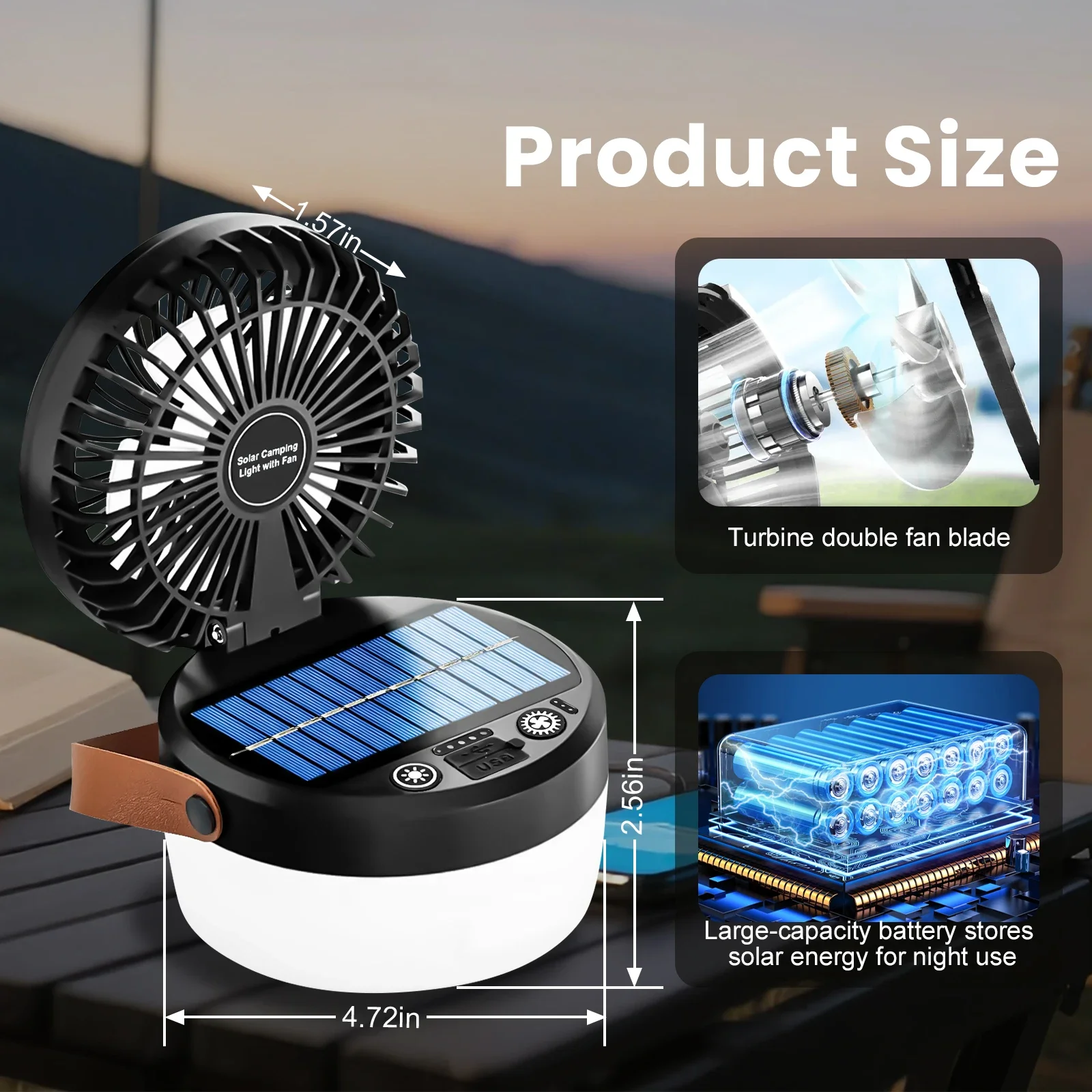 Linterna Solar de Exterior con Ventilador 2 en 1 para Emergencias, Fallos de Energ&iacute;a, Supervivencia, Viajes y Aventuras, con 4 Modos de Luz y Funci&oacute;n de Colgado