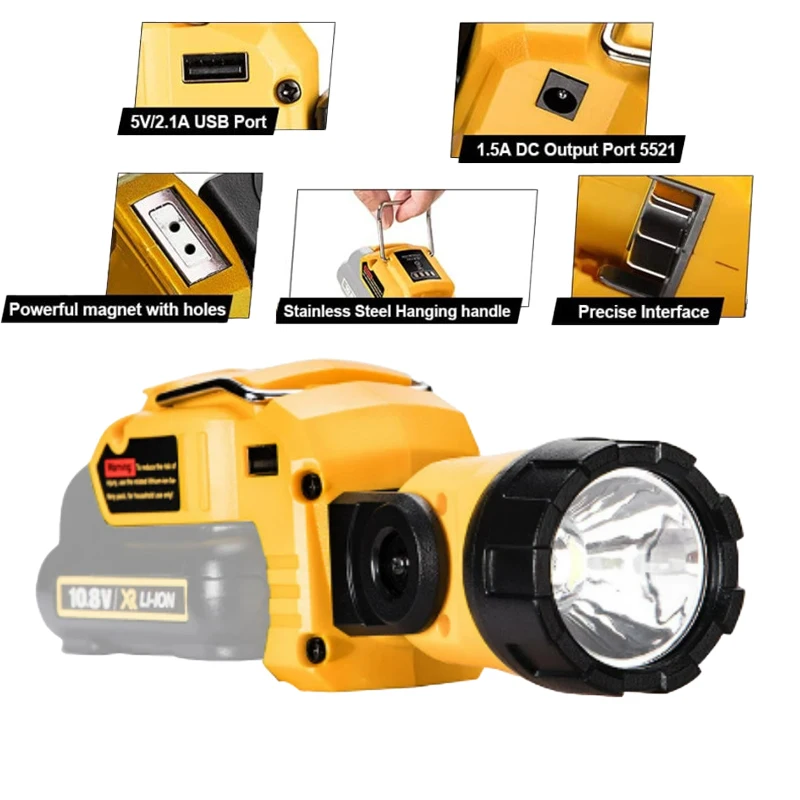 Luz giratoria de 12V para exteriores, linterna de trabajo de 3W para Dewalt, bater&iacute;a de iones de litio de empuje plano de 10,8 V-12V con puertos de salida USB y CC