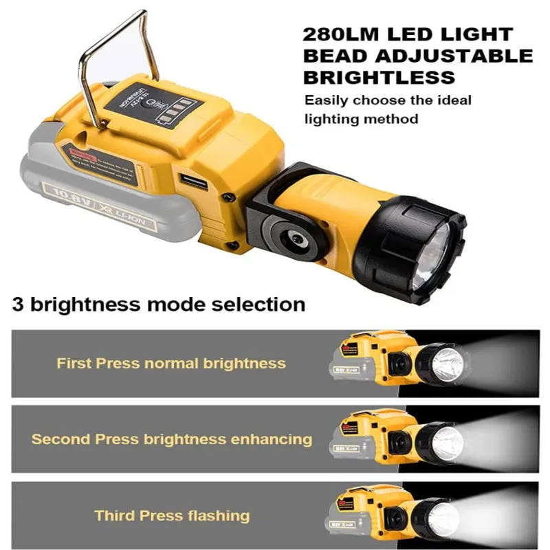 Luz giratoria de 12V para exteriores, linterna de trabajo de 3W para Dewalt, bater&iacute;a de iones de litio de empuje plano de 10,8 V-12V con puertos de salida USB y CC