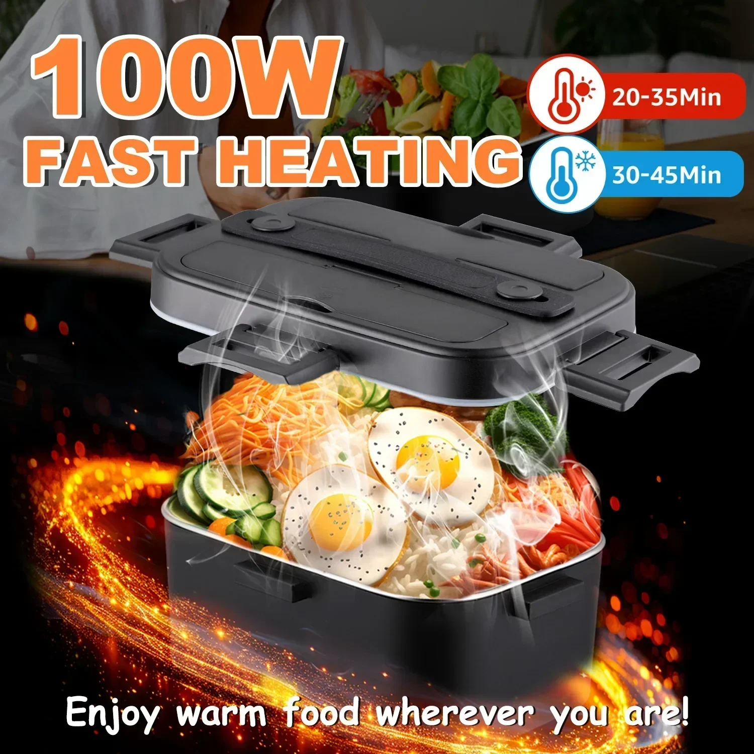 Lonchera el&eacute;ctrica de 100 W con calentamiento r&aacute;pido, contenedor de comida port&aacute;til de 1.8 L con bolsa t&eacute;rmica, contenedor de comida de acero inoxidable 304, doble uso para autom&oacute;vil 12 V / hogar 110