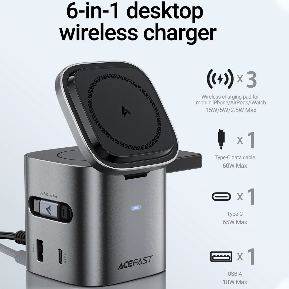 ACEFAST 6 en 1 estación de carga inalámbrica magnética multifunción 15W para iPhone 16 15 GaN PD65W cubo de carga USB C carga rápida ACEFAST 6 en 1 estación de carga inalámbrica magnética multifunción 15W para iPhone 16 15 GaN PD65W cubo de carga USB C carga rápida