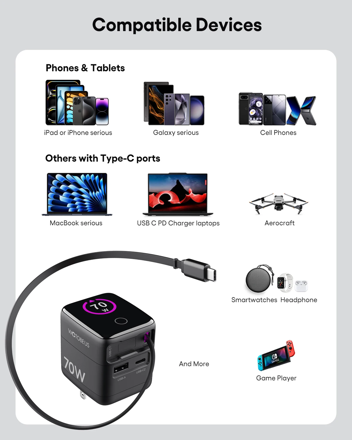 WOTOBE PD 70W GaN USB-C cargador con Cable retráctil adaptador de corriente 65W PPS 45W carga rápida para iPhone 17 Galaxy MacBook iPad WOTOBE PD 70W GaN USB-C cargador con Cable retráctil adaptador de corriente 65W PPS 45W carga rápida para iPhone 17 Galaxy MacBook iPad