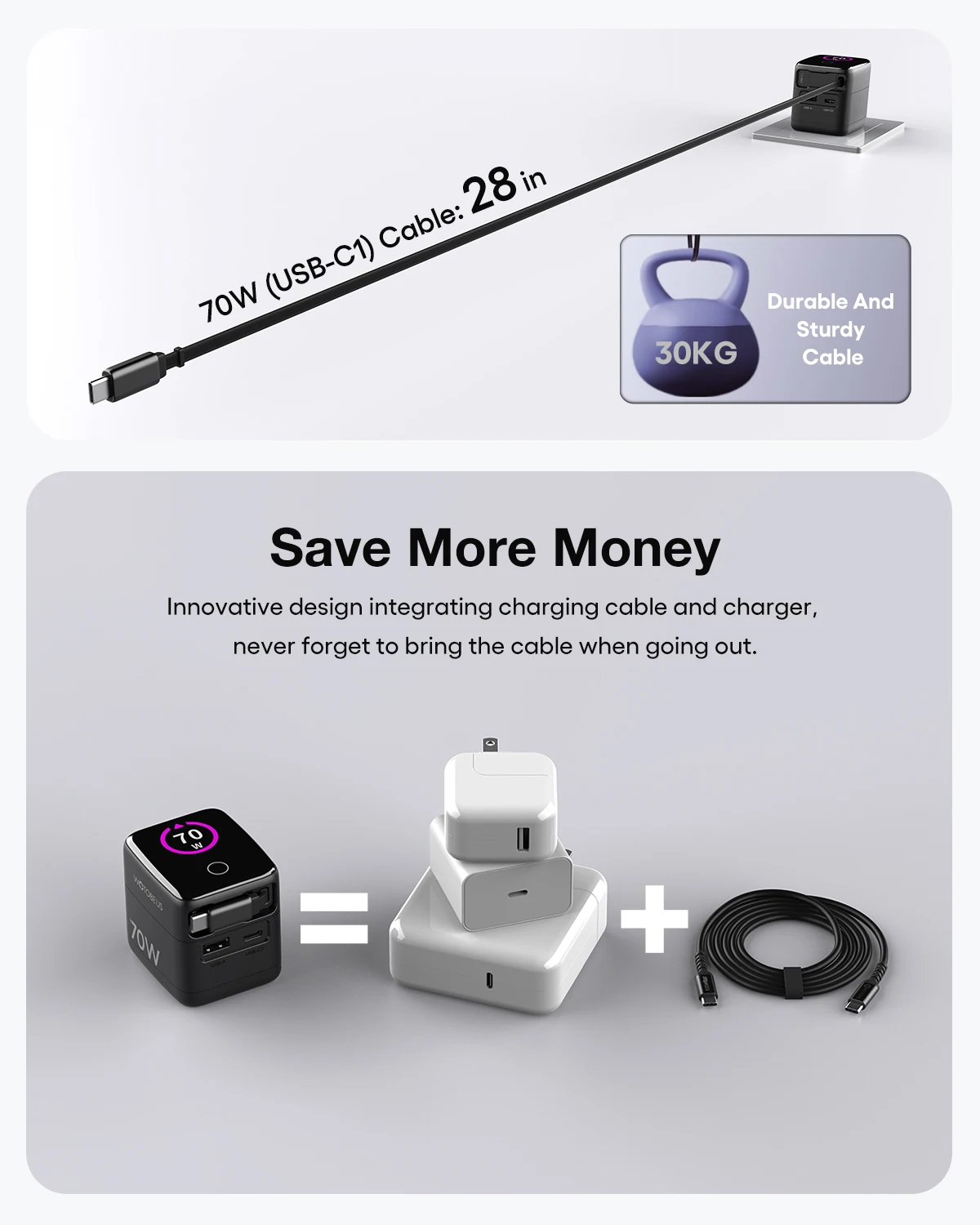 WOTOBE PD 70W GaN USB-C cargador con Cable retráctil adaptador de corriente 65W PPS 45W carga rápida para iPhone 17 Galaxy MacBook iPad WOTOBE PD 70W GaN USB-C cargador con Cable retráctil adaptador de corriente 65W PPS 45W carga rápida para iPhone 17 Galaxy MacBook iPad