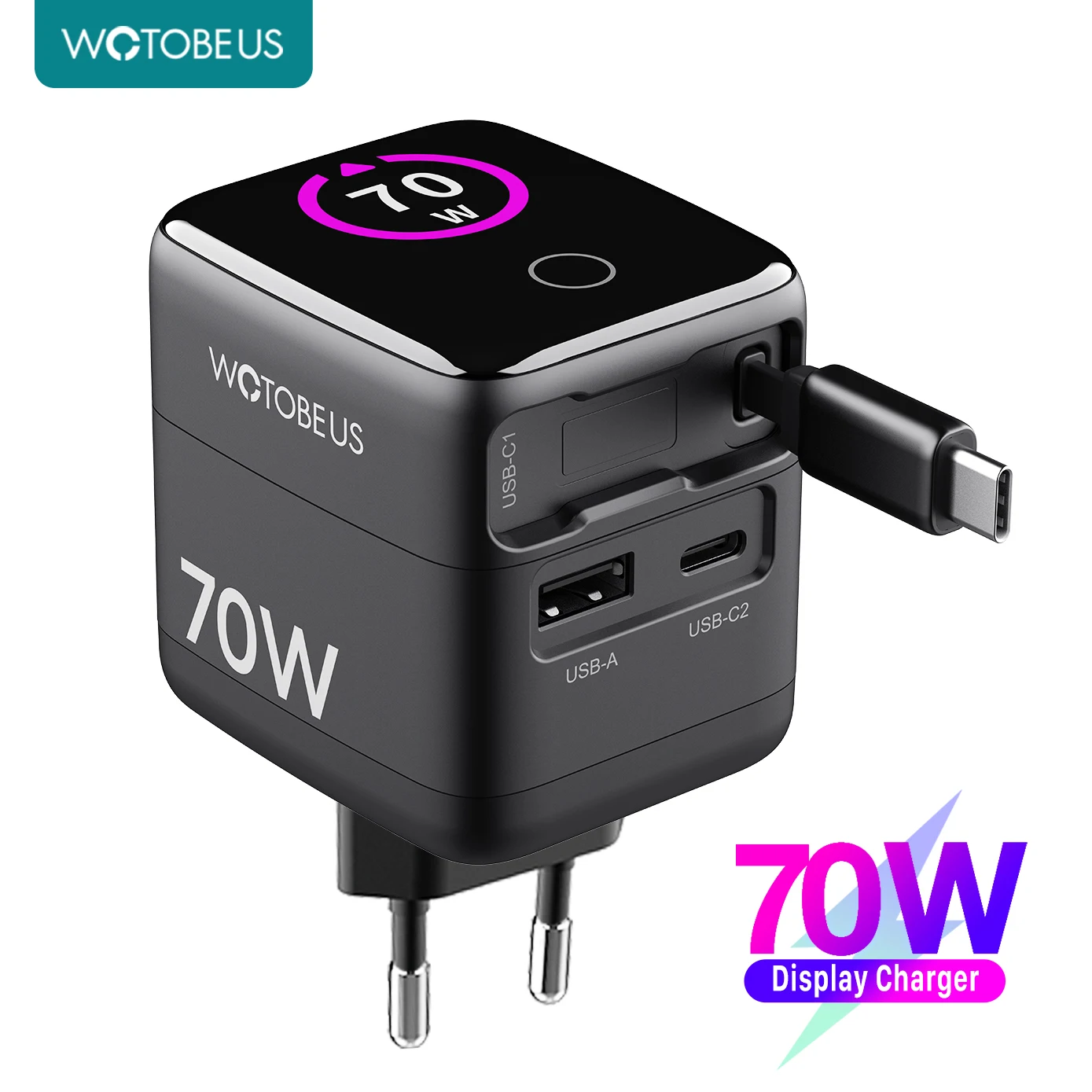 WOTOBE PD 70W GaN USB-C cargador con Cable retráctil adaptador de corriente 65W PPS 45W carga rápida para iPhone 17 Galaxy MacBook iPad WOTOBE PD 70W GaN USB-C cargador con Cable retráctil adaptador de corriente 65W PPS 45W carga rápida para iPhone 17 Galaxy MacBook iPad