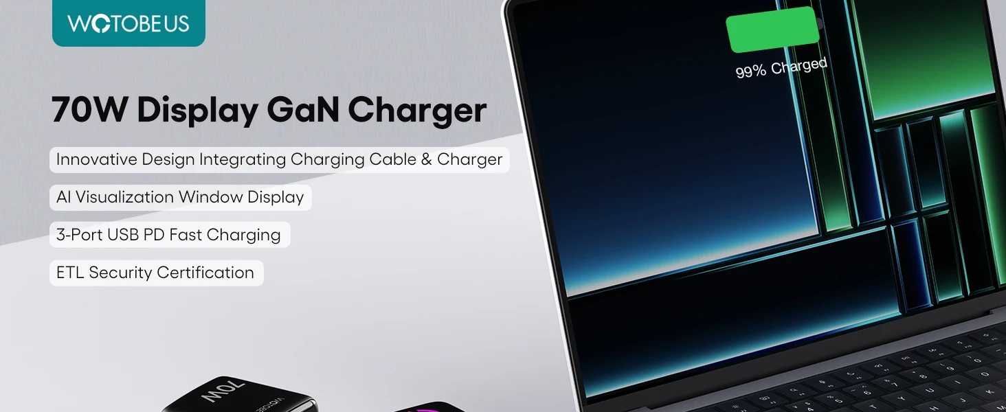 WOTOBE PD 70W GaN USB-C cargador con Cable retráctil adaptador de corriente 65W PPS 45W carga rápida para iPhone 17 Galaxy MacBook iPad WOTOBE PD 70W GaN USB-C cargador con Cable retráctil adaptador de corriente 65W PPS 45W carga rápida para iPhone 17 Galaxy MacBook iPad