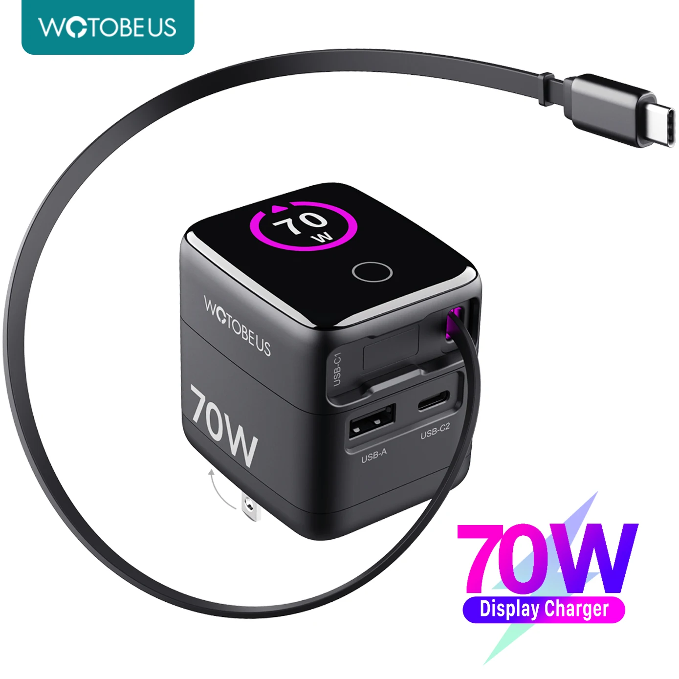 WOTOBE PD 70W GaN USB-C cargador con Cable retráctil adaptador de corriente 65W PPS 45W carga rápida para iPhone 17 Galaxy MacBook iPad WOTOBE PD 70W GaN USB-C cargador con Cable retráctil adaptador de corriente 65W PPS 45W carga rápida para iPhone 17 Galaxy MacBook iPad