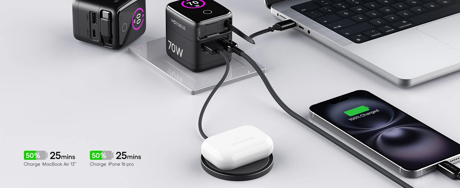 WOTOBE PD 70W GaN USB-C cargador con Cable retráctil adaptador de corriente 65W PPS 45W carga rápida para iPhone 17 Galaxy MacBook iPad WOTOBE PD 70W GaN USB-C cargador con Cable retráctil adaptador de corriente 65W PPS 45W carga rápida para iPhone 17 Galaxy MacBook iPad