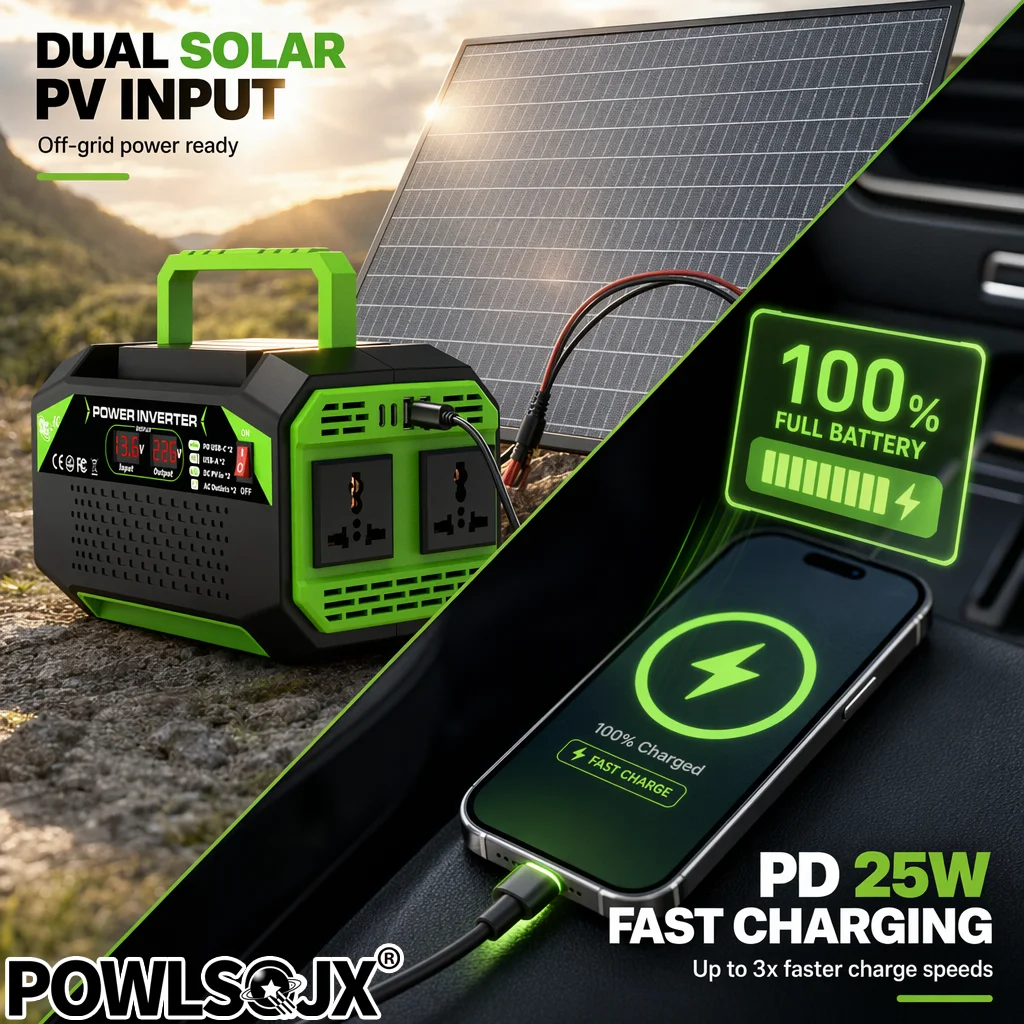 Estaci&oacute;n de Energ&iacute;a Port&aacute;til para Autom&oacute;vil con Inversor de 300W/600W, PD 25W, Tipo-C, Doble USB, Toma de Corriente AC, Entrada Solar PV, Pantalla LCD