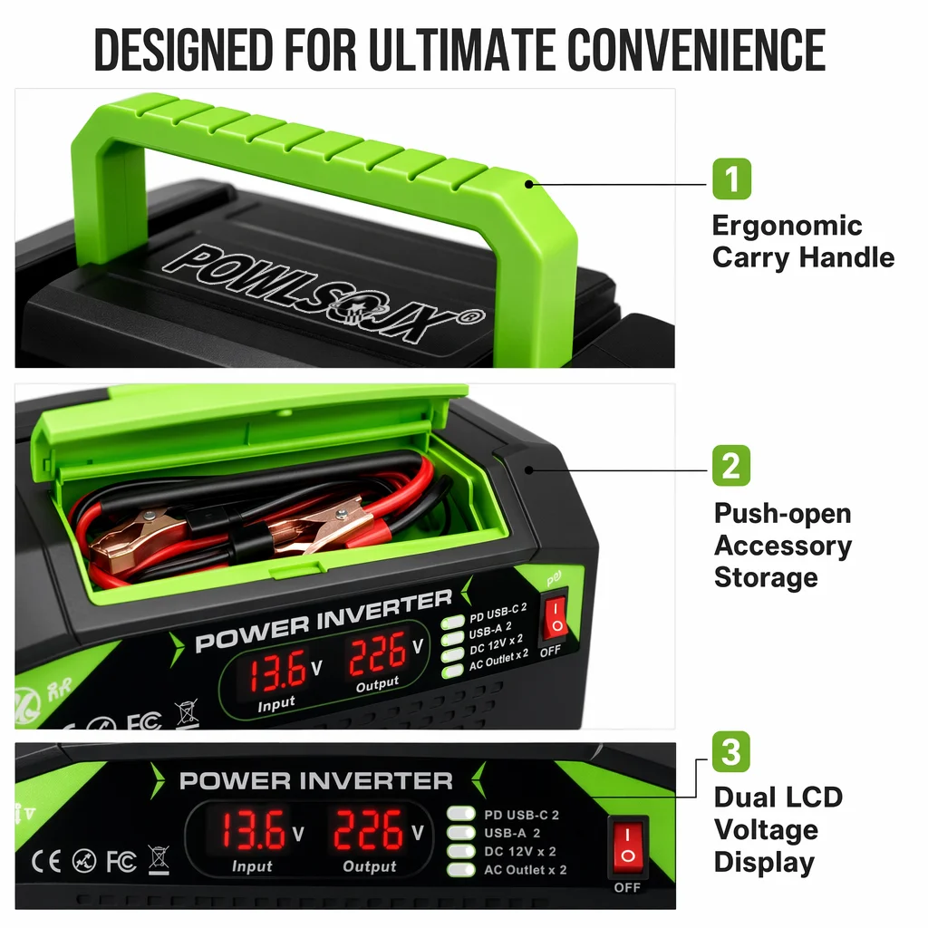 Estaci&oacute;n de Energ&iacute;a Port&aacute;til para Autom&oacute;vil con Inversor de 300W/600W, PD 25W, Tipo-C, Doble USB, Toma de Corriente AC, Entrada Solar PV, Pantalla LCD