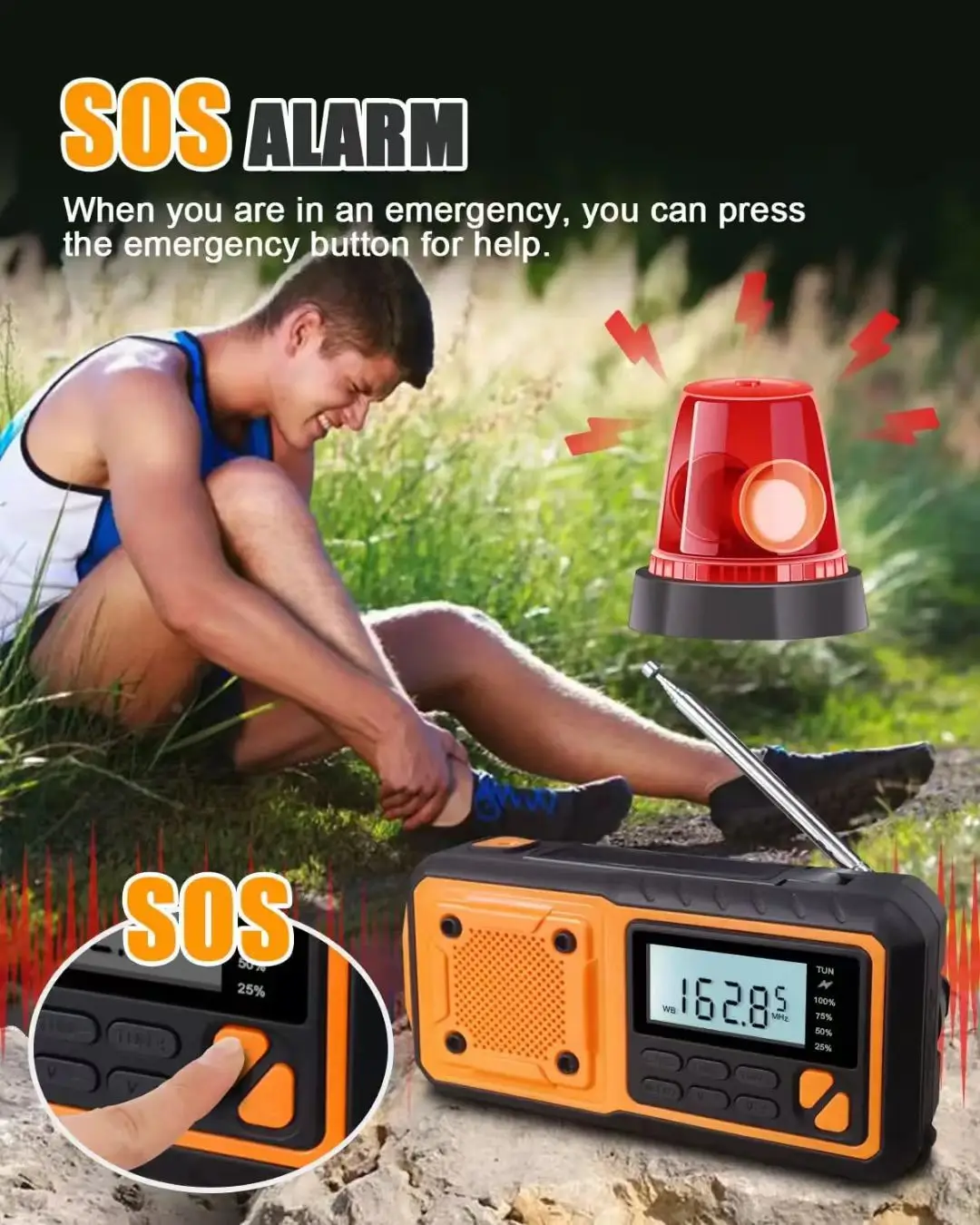 Radio Solar Port&aacute;til de Emergencia de 4000mAh con Manivela, Radio AM/FM Meteorol&oacute;gica, Linterna LED y Cargador de Tel&eacute;fono