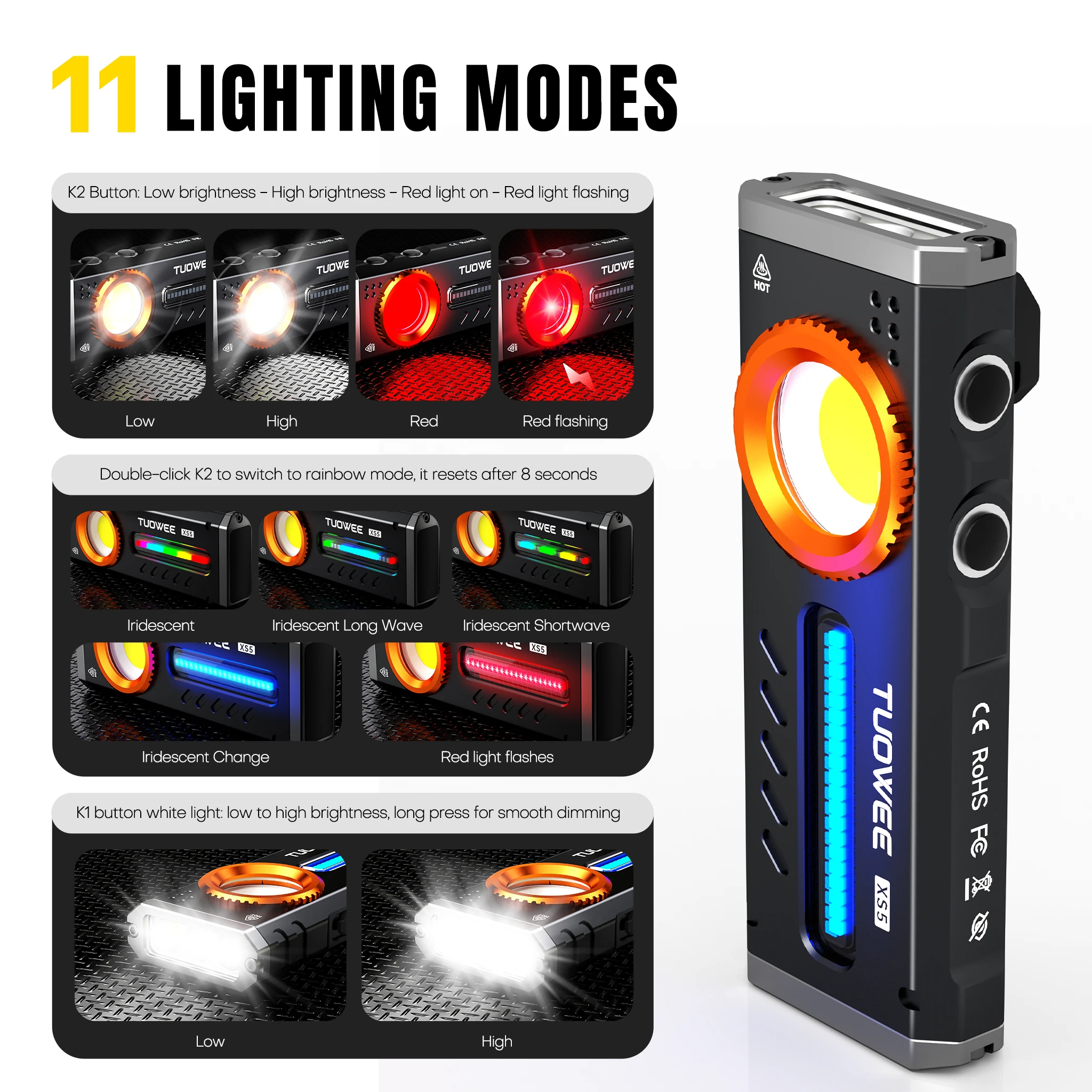 Linterna brillante EDC de 2000LM, 11 modos de iluminaci&oacute;n, luz de color RGB y luz roja, base magn&eacute;tica, clip de bolsillo, atenuaci&oacute;n gradual, linterna port&aacute;til para acampar al aire libre, senderismo y