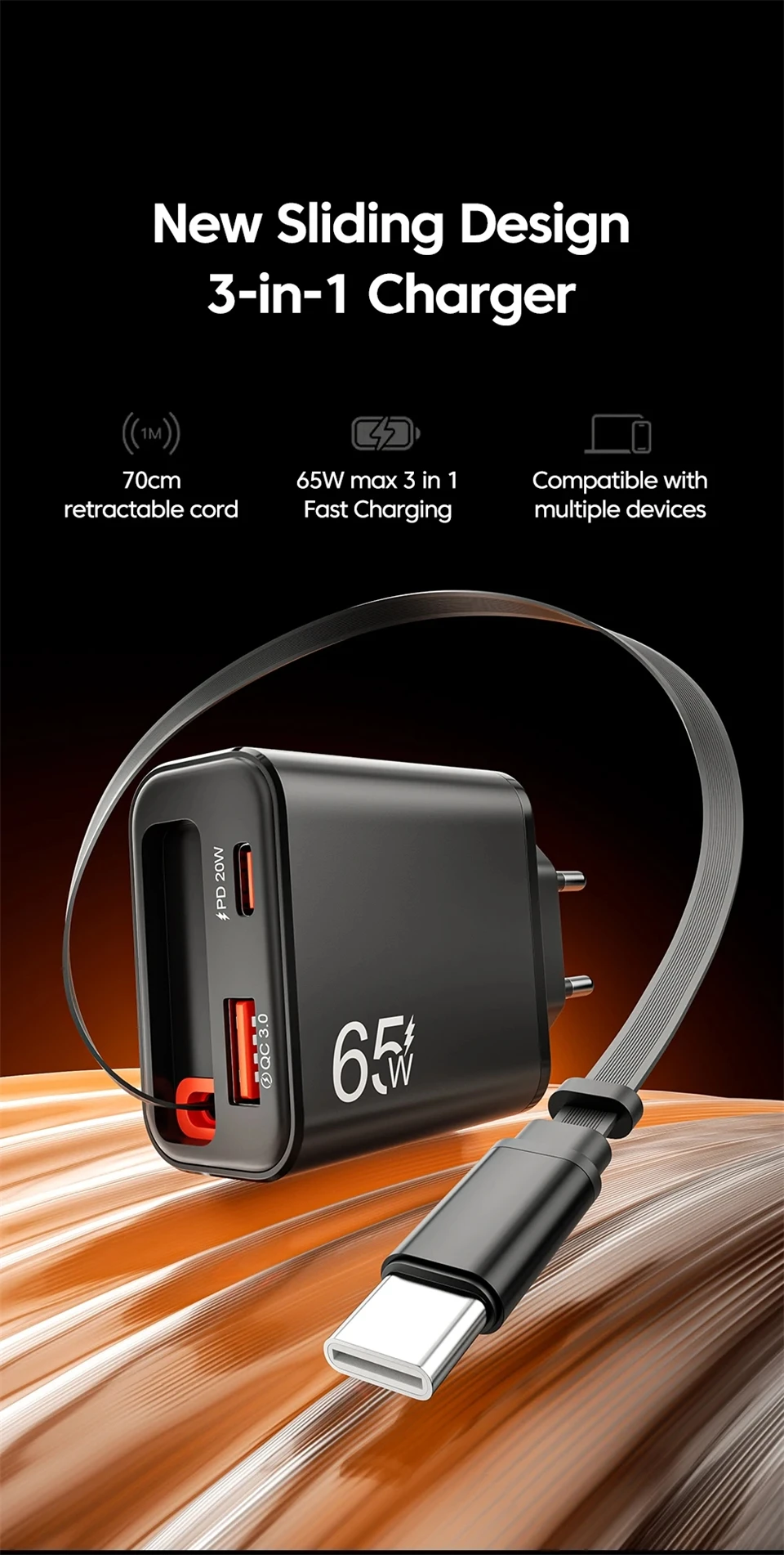Cargador de Tel&eacute;fono USB de 65W con Cable Retr&aacute;ctil de Carga S&uacute;per R&aacute;pida Tipo C para iPhone 17 16 POCO Xiaomi QC 3.0 USB PD