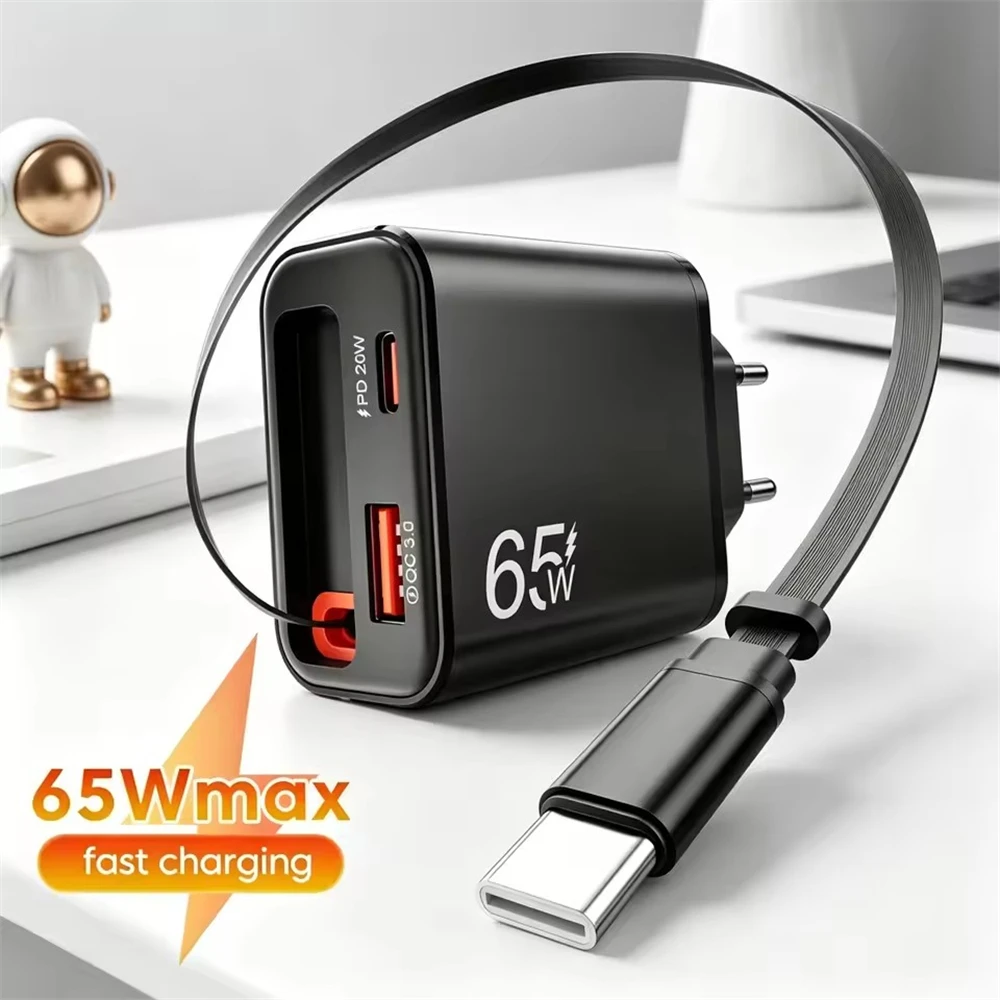 Cargador de Teléfono USB de 65W con Cable Retráctil de Carga Súper Rápida Tipo C para iPhone 17 16 POCO Xiaomi QC 3.0 USB PD Cargador de Teléfono USB de 65W con Cable Retráctil de Carga Súper Rápida Tipo C para iPhone 17 16 POCO Xiaomi QC 3.0 USB PD