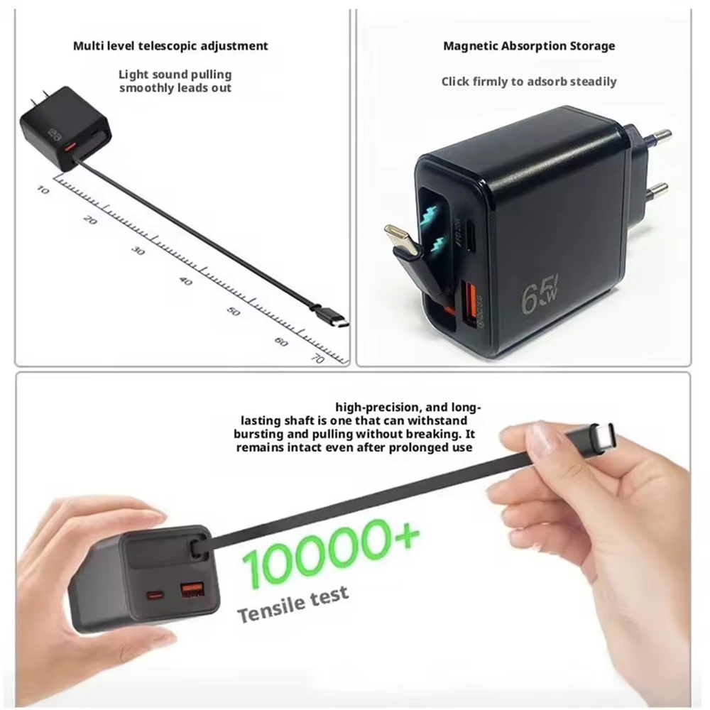 Cargador de Teléfono USB de 65W con Cable Retráctil de Carga Súper Rápida Tipo C para iPhone 17 16 POCO Xiaomi QC 3.0 USB PD Cargador de Teléfono USB de 65W con Cable Retráctil de Carga Súper Rápida Tipo C para iPhone 17 16 POCO Xiaomi QC 3.0 USB PD