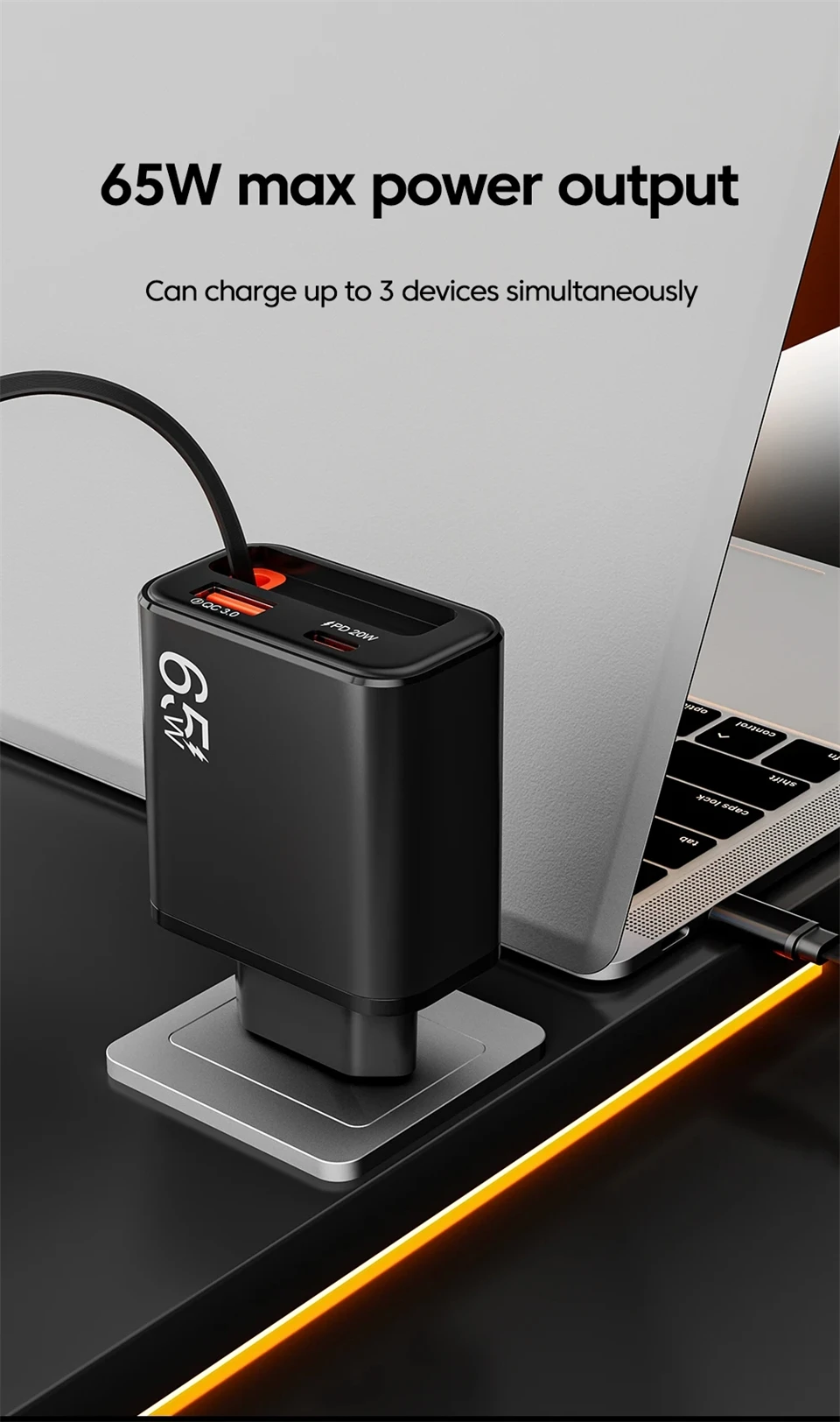 Cargador de Tel&eacute;fono USB de 65W con Cable Retr&aacute;ctil de Carga S&uacute;per R&aacute;pida Tipo C para iPhone 17 16 POCO Xiaomi QC 3.0 USB PD