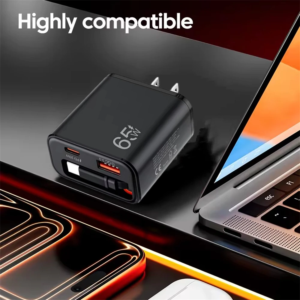 Cargador de Teléfono USB de 65W con Cable Retráctil de Carga Súper Rápida Tipo C para iPhone 17 16 POCO Xiaomi QC 3.0 USB PD Cargador de Teléfono USB de 65W con Cable Retráctil de Carga Súper Rápida Tipo C para iPhone 17 16 POCO Xiaomi QC 3.0 USB PD