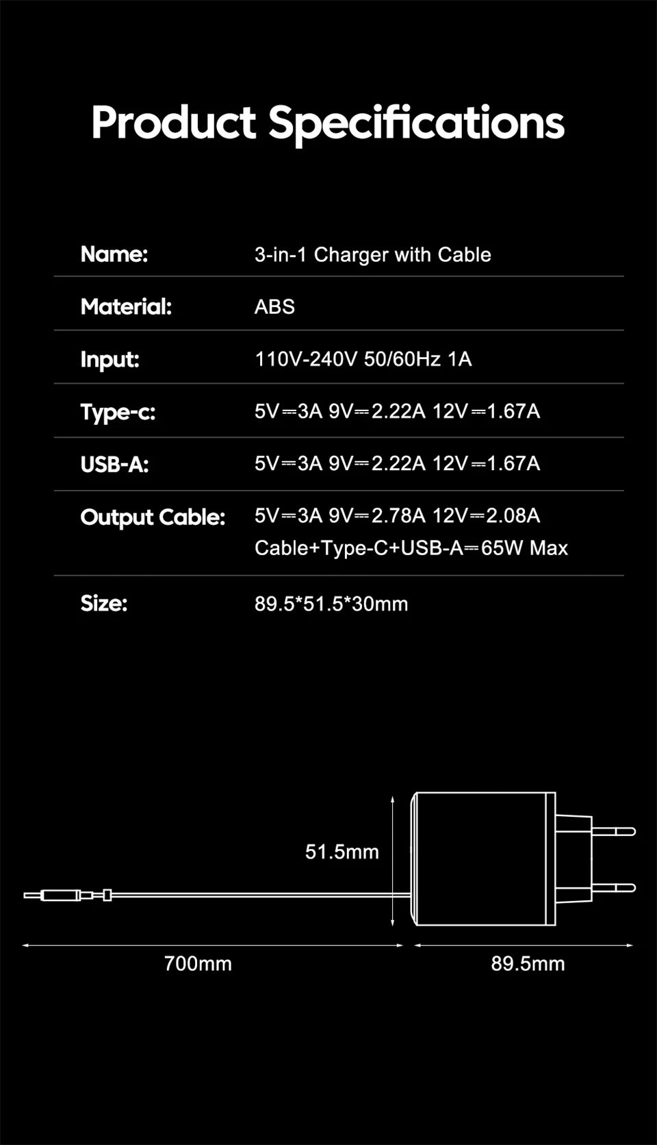 Cargador de Tel&eacute;fono USB de 65W con Cable Retr&aacute;ctil de Carga S&uacute;per R&aacute;pida Tipo C para iPhone 17 16 POCO Xiaomi QC 3.0 USB PD