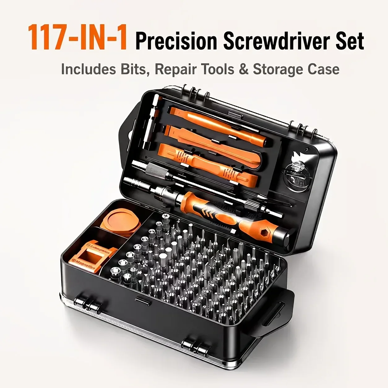Juego de destornilladores de precisi&oacute;n 115 en 1, kit de reparaci&oacute;n multiusos para desmontaje de tel&eacute;fonos, computadoras, relojes y dispositivos electr&oacute;nicos, con caja de almacenamiento.