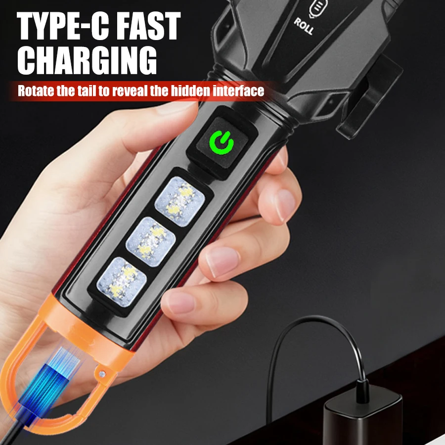 Linterna de emergencia recargable por USB, linterna port&aacute;til para el hogar, herramienta para coche con martillo de seguridad magn&eacute;tico