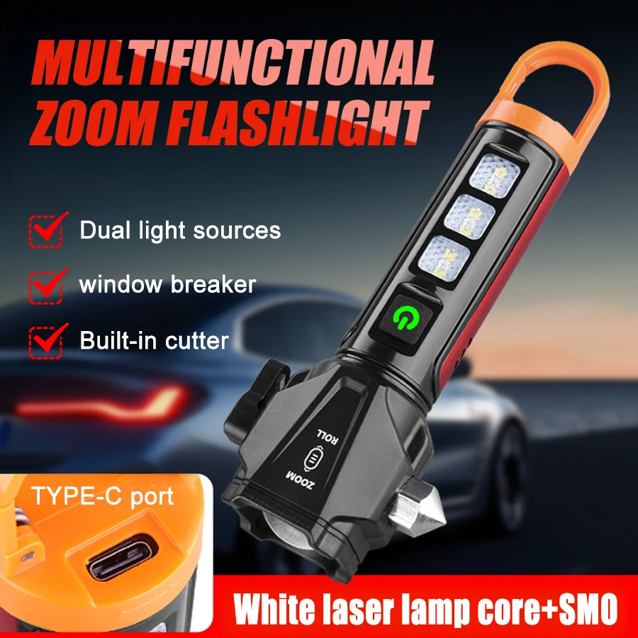 Linterna de emergencia recargable por USB, linterna port&aacute;til para el hogar, herramienta para coche con martillo de seguridad magn&eacute;tico
