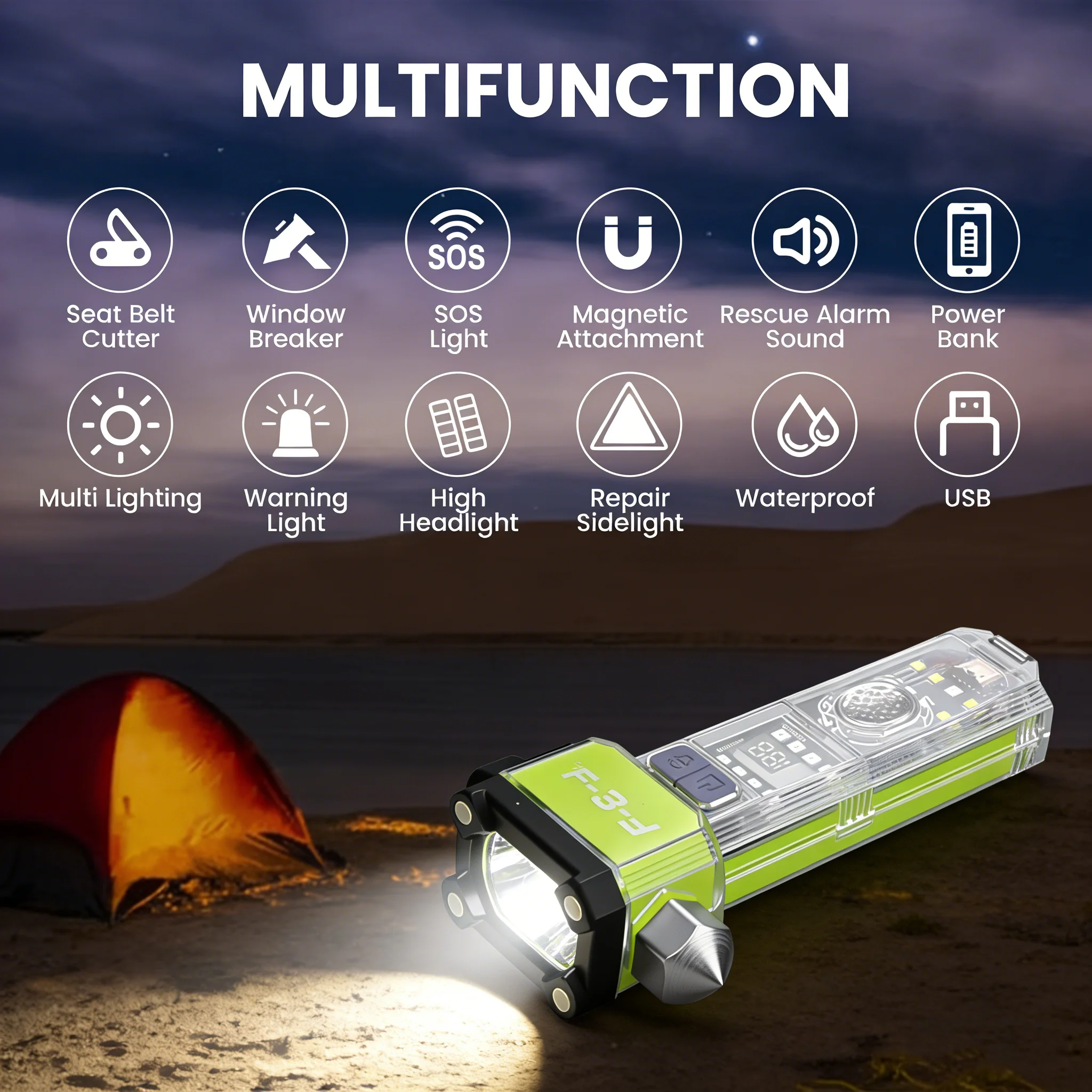 Linterna de emergencia recargable por USB, linterna port&aacute;til para el hogar, herramienta para coche con martillo de seguridad magn&eacute;tico