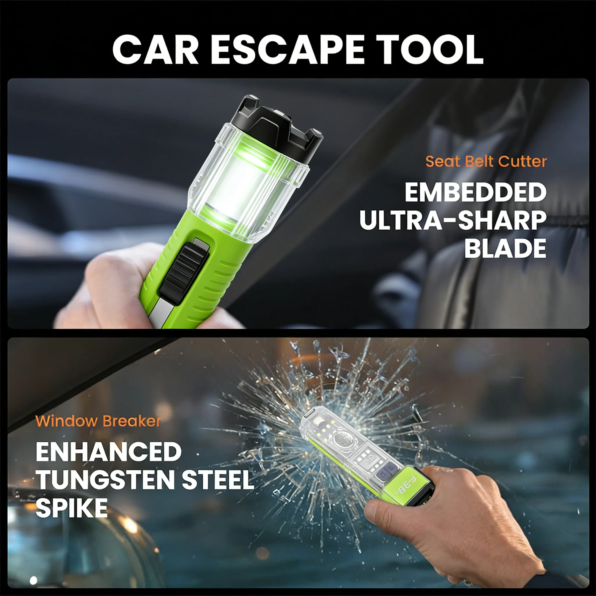 Linterna de emergencia recargable por USB, linterna port&aacute;til para el hogar, herramienta para coche con martillo de seguridad magn&eacute;tico