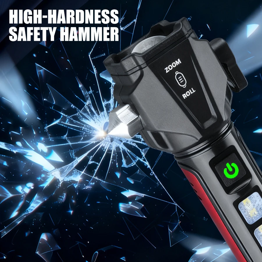 Linterna de emergencia recargable por USB, linterna port&aacute;til para el hogar, herramienta para coche con martillo de seguridad magn&eacute;tico