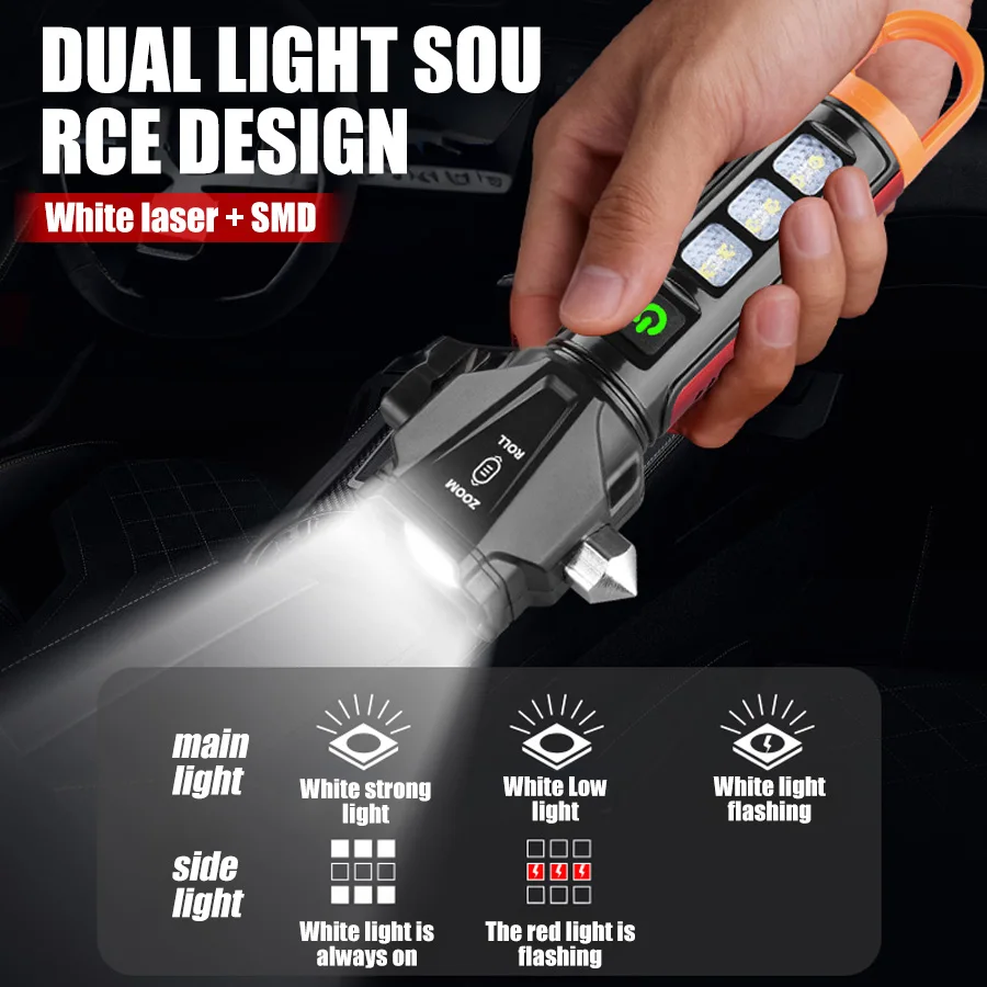 Linterna de emergencia recargable por USB, linterna port&aacute;til para el hogar, herramienta para coche con martillo de seguridad magn&eacute;tico